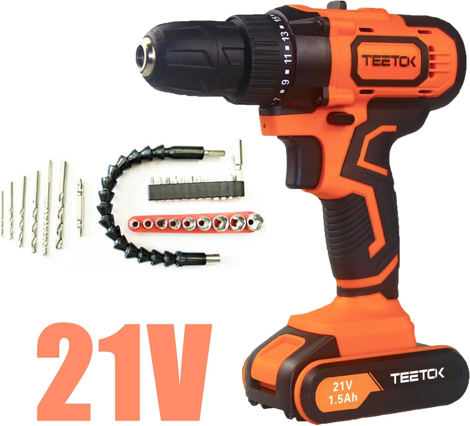 TEETOK 21V Drill Cordless Screwdriver Combi Drill with Action 29PCS 45N.m Impact Power