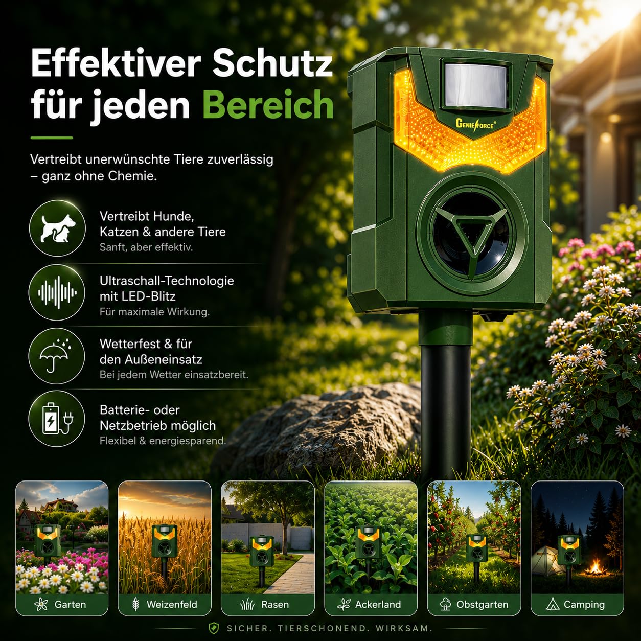 Genieforce® [2 Pack] Combat+ Smart Flammenlicht Ultraschall Tiervertreiber Tierabwehr Tierschreck gegen Katzen, Hunde, Marder, Fuchs, Vogel, Nager, Solar intelligente PIR-Sensoren - GF-BN-20