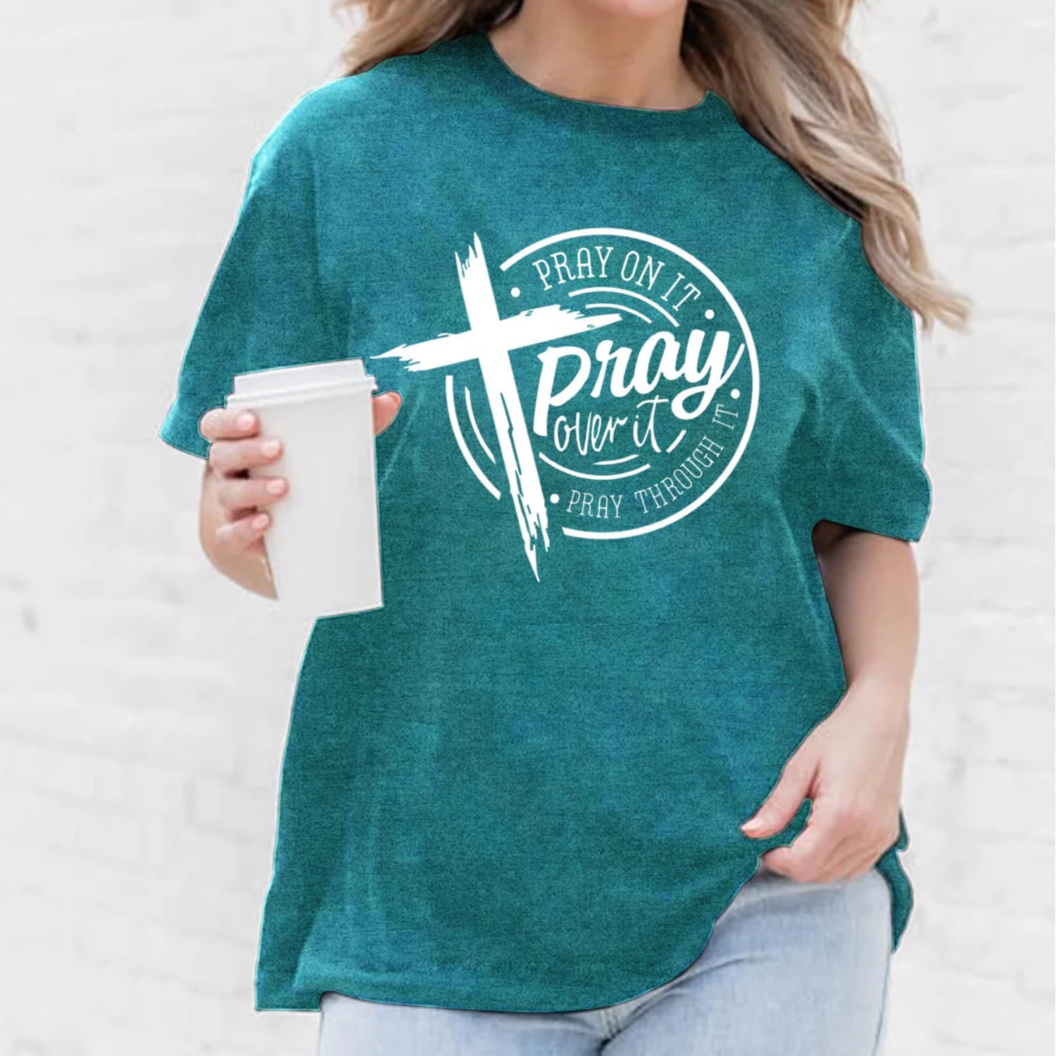 Christian Shirts for Women Pray On It Over It Through It T-Shirts Blessed Christian Faith Tees - Image 4