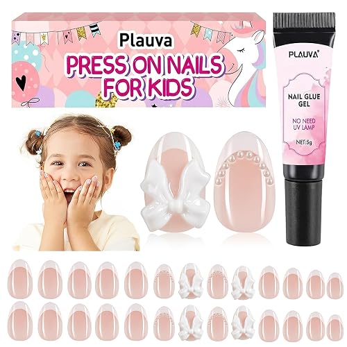 Plauva 26Pcs Press on Nails for Kids French Tip Short Almond Bow Fake Nails | with Pearl Designs for Kids Children Teenager Girls 8-12 Years Nude Press on Nails with Nail Glue