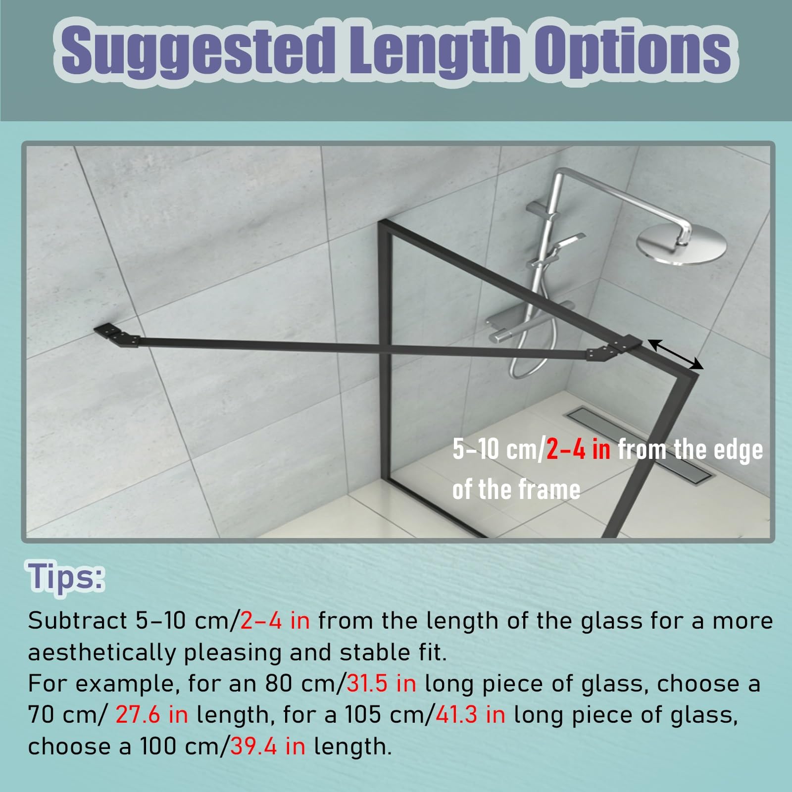 Barra de Soporte para mampara de Ducha Black Diamond Design de 90 cm con Abrazadera Rectangular, Poste Seguro para Zonas húmedas y acuarios.