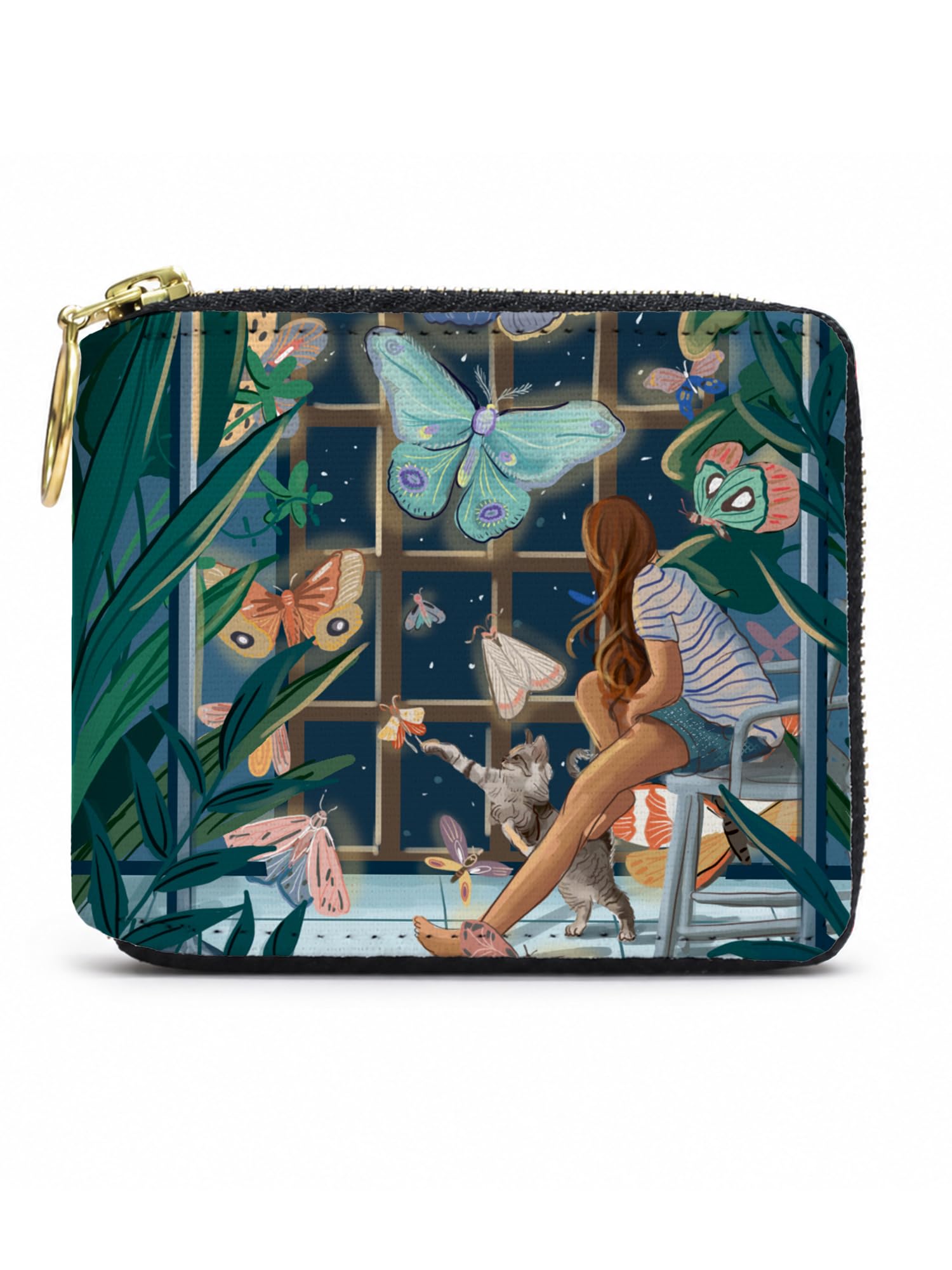Wallet for Women | Slim Vegan Leather Clutch | Small Bi-Fold Zip Wallet | Elegant Purse for Girls | Rakhi Gift for Sister | Glowing Butterflies