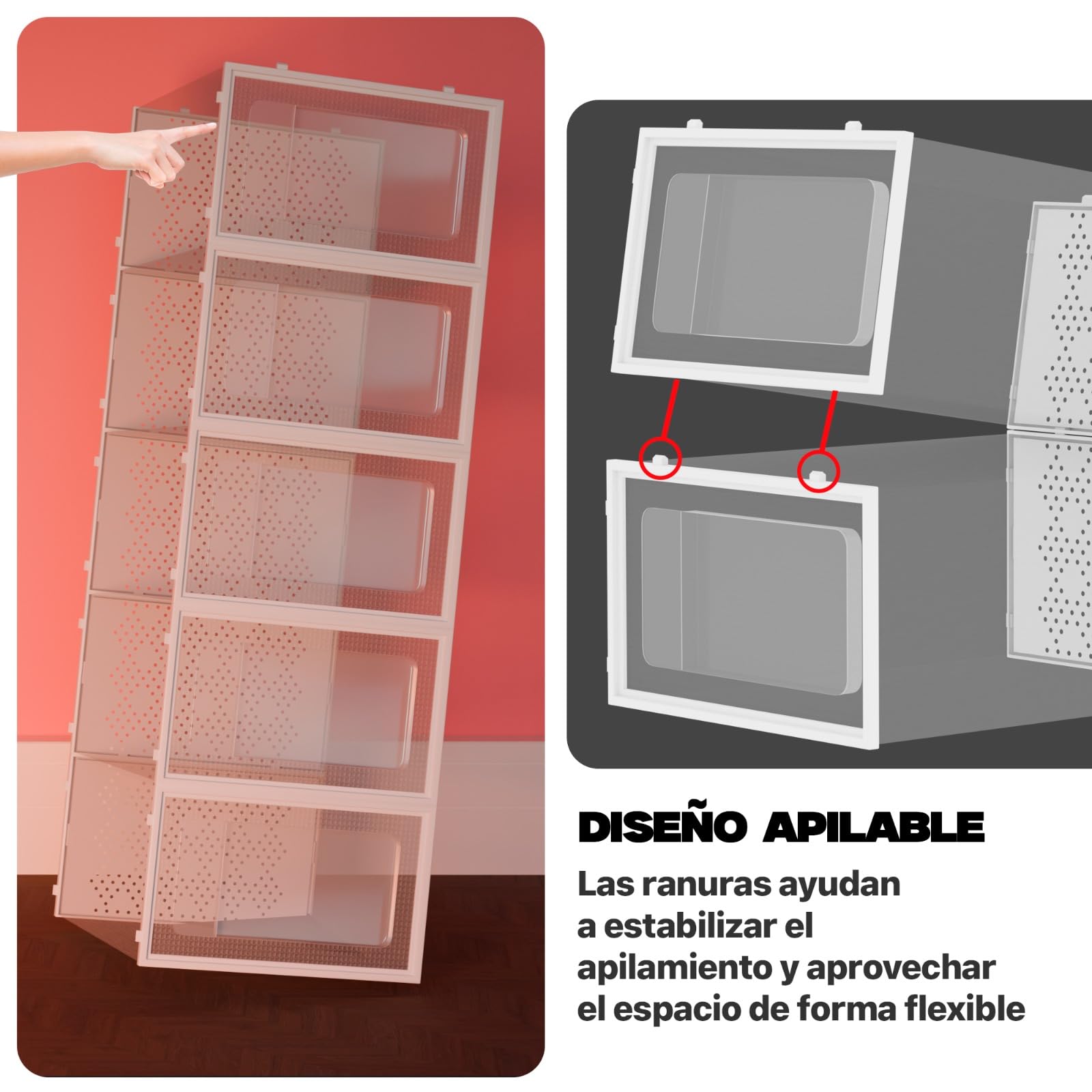 GEAD - Cajas Zapatos 6 pcs, Cajas Zapatos Transparentes, caja zapatos transparente apilable, cajonera plastico organizador, organizador zapatos armario hasta Talla 44 EU. Zapatero plastico
