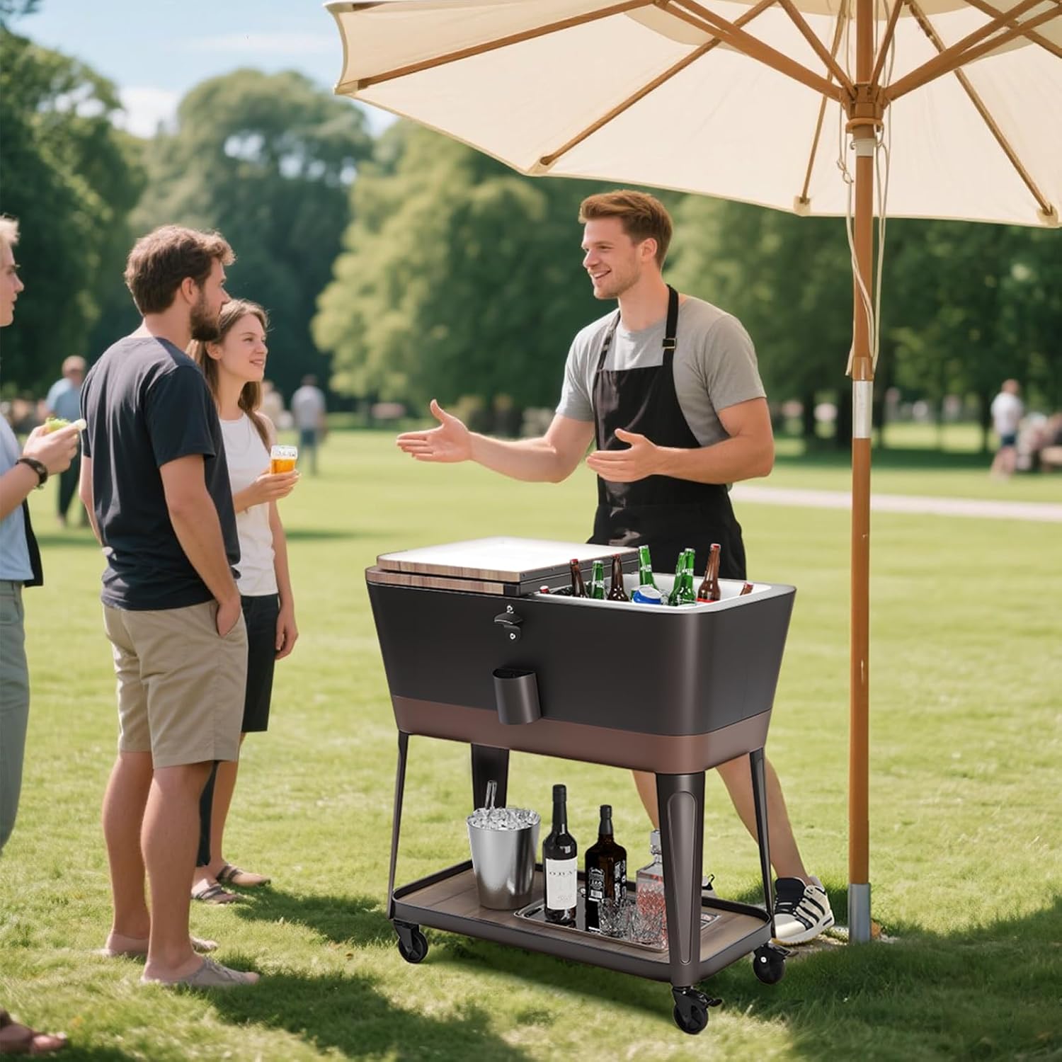 VINGLI Patio Cooler with Bottler Opener, 80 Quart Rolling Ice Chest with Cap Catcher and Shelf, Portable Ice Chest with Wheels for Patio, Poolside, Outdoor