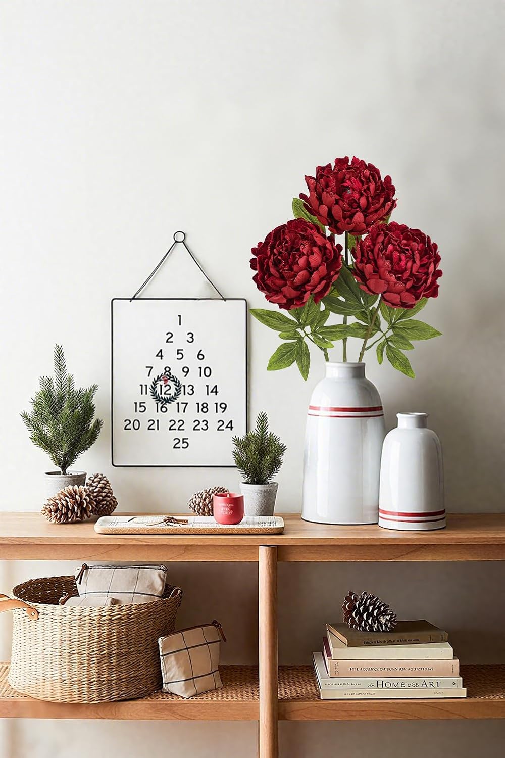 Briful 3PCS Red Peony Artificial Flower Stems 29.1in Long Stem Fake Peonies Silk Floral Arrangement Real Touch Peony Flower for Christmas Home Vase Party Wedding Bouquet Decor - Image 4