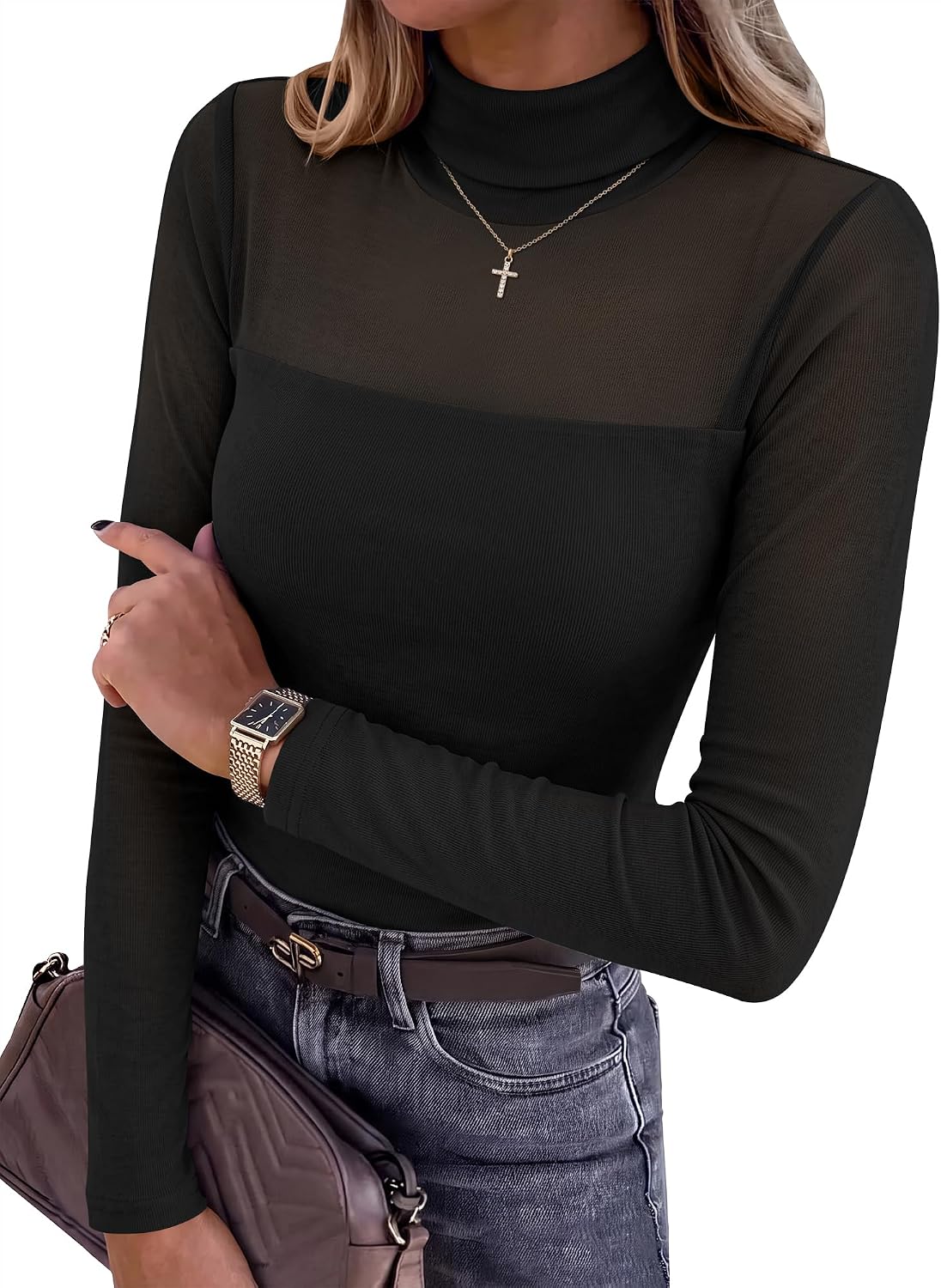 30% off on ANRABESS Women Turtleneck Long Sleeve Shirts Mesh Sheer