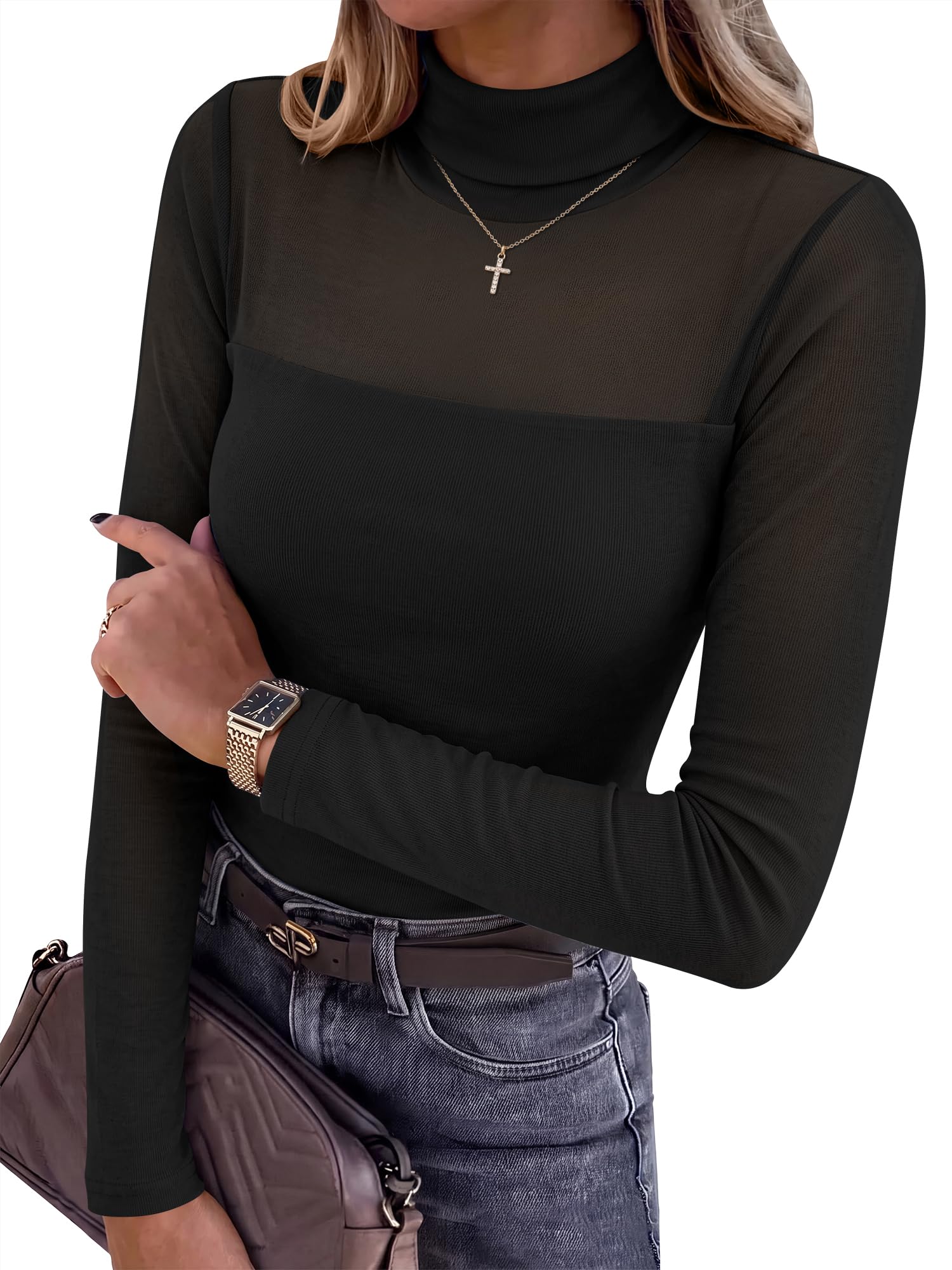 30%off ANRABESS Women Turtleneck Long Sleeve Shirts Mesh Sheer Tops