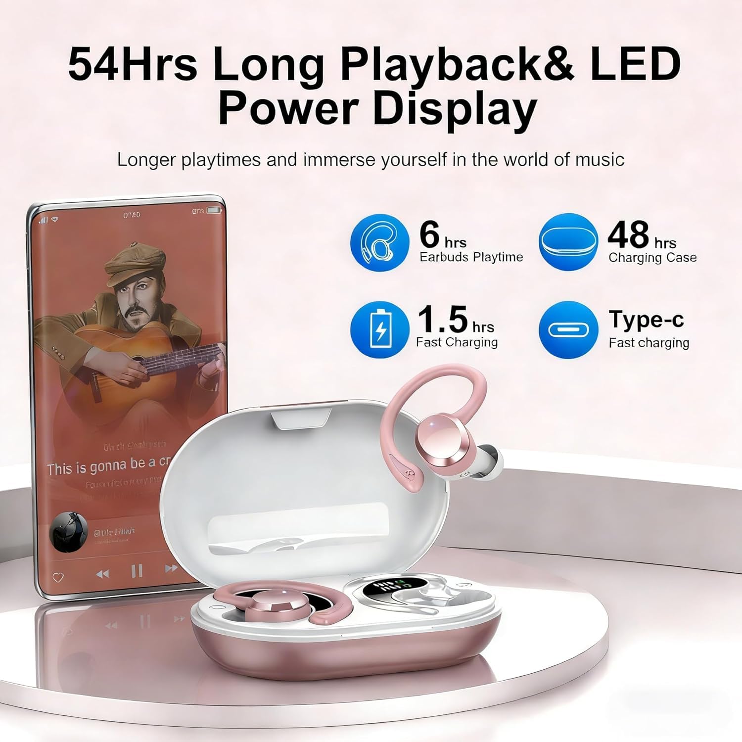 Auriculares Inalambricos Deportivos, Bluetooth 5.4 con HD Micrófono HiFi Estéreo Pantalla LED, 54H de Reproducción con Cancelacion Ruido ENC, IP7 Impermeable Cascos Inalambricos, Ajuste Cómodo