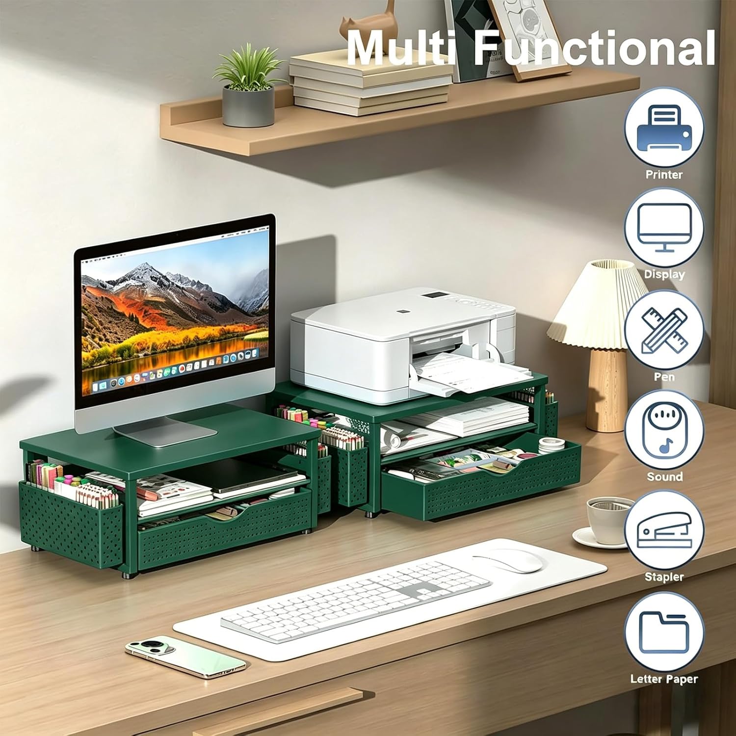 Spacrea Desk Organizer and Accessories, Computer Monitor Stand Riser with Drawer and 2 Pen Holders, Office Desk Accessories & Workspace Organizers for Office Supplies (Dark Green)