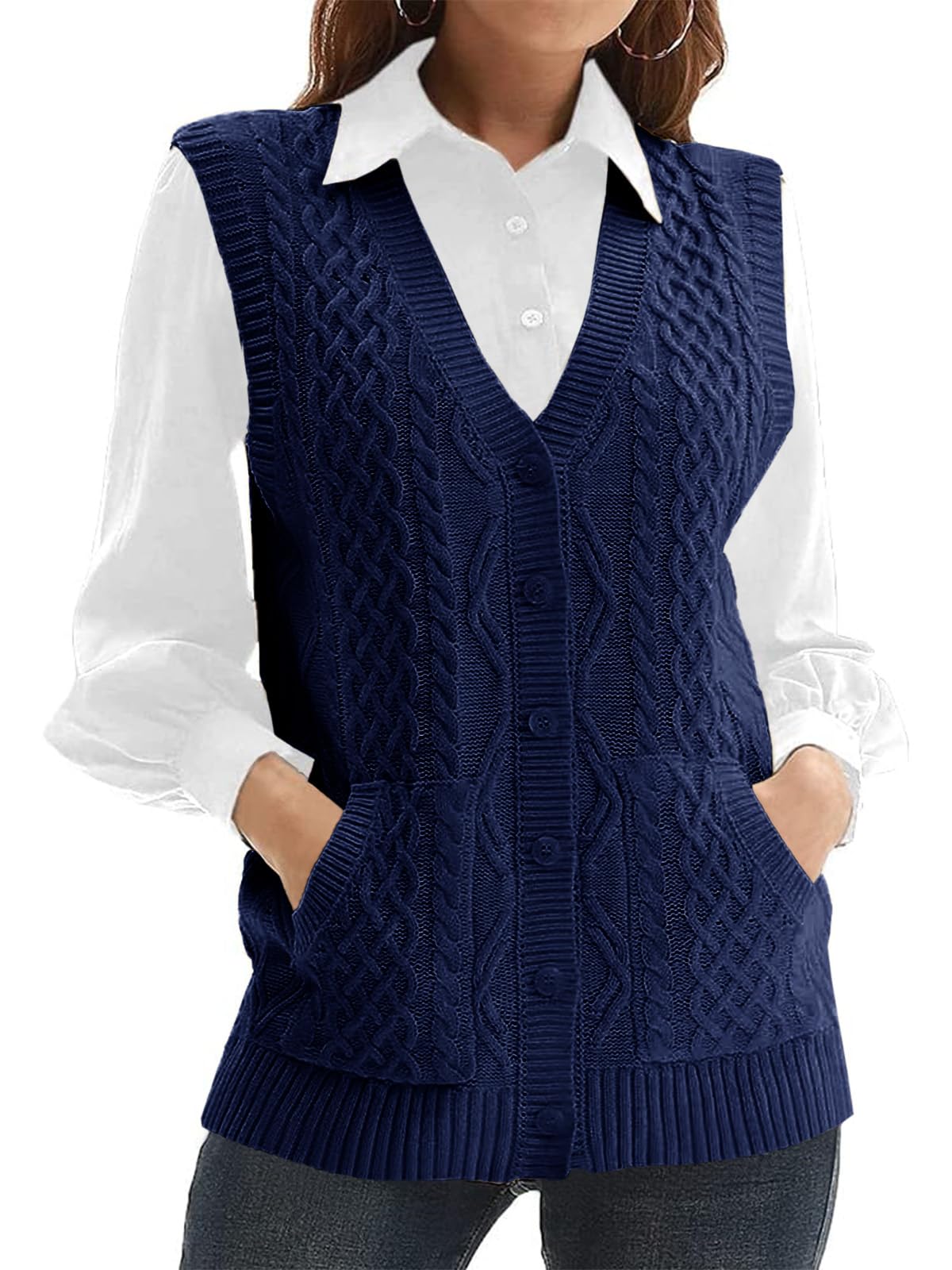 Womens’Knit Sweater Vest V Neck Sleeveless Cardigan Button Down Sweater Pocket Outwear Tops-image-44