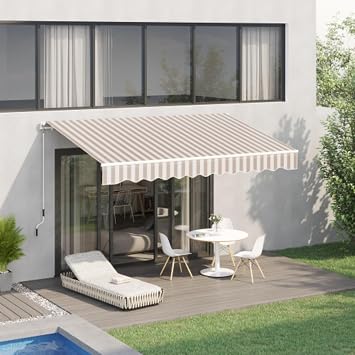 10 X 8 Patio Awning, Retractable Awning, Outdoor Sun Shelter with Manual Crank Handle, Sun and Rain Protection Fabric and Aluminum Frame for Deck, Balcony, Patio, Beige Stripes