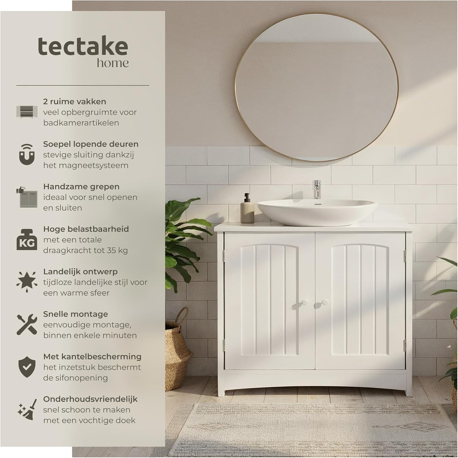 Assembled tectake bathroom cabinet with two doors and a sink on top.