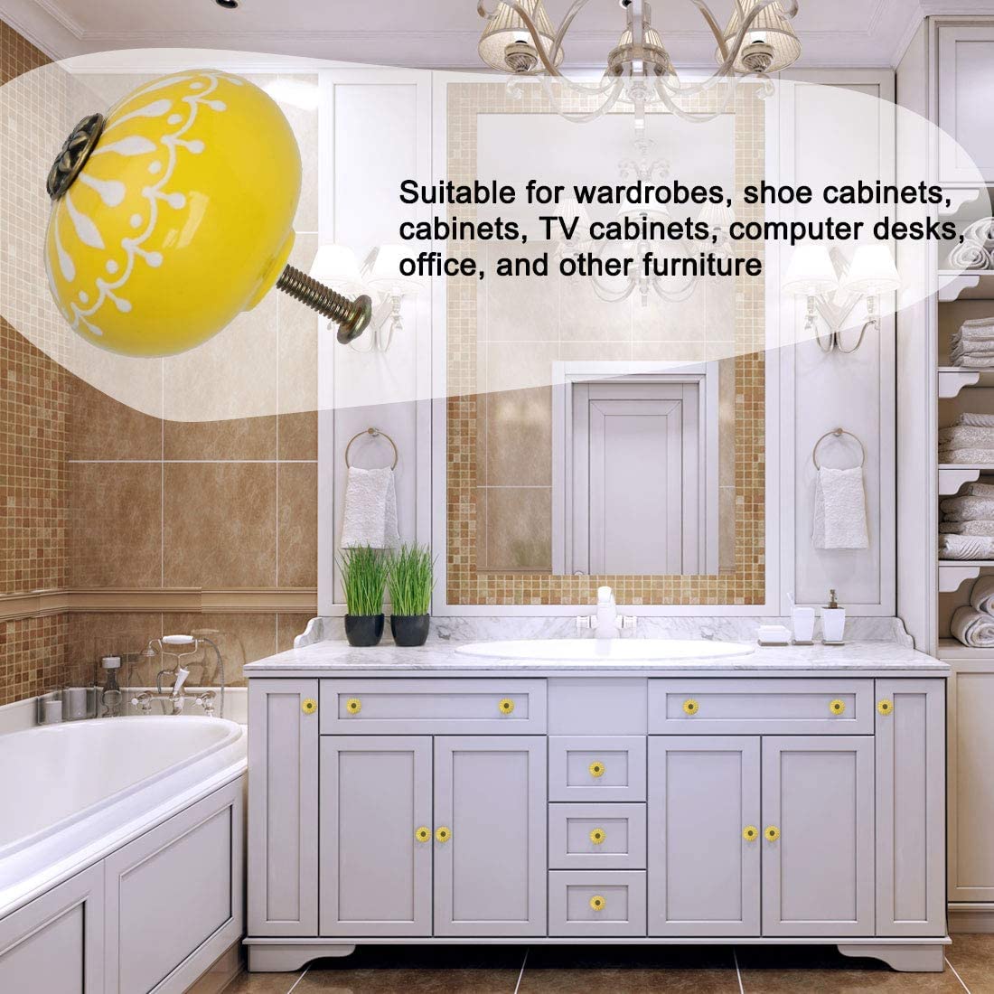 Coupchage Handles 6pcs, 40 Mm De Diamère Et Boutons en Céramique Bouton De Tiroir Rond Porter Armoire Armoire Armoire Commode Décorative Remplacement Jaune