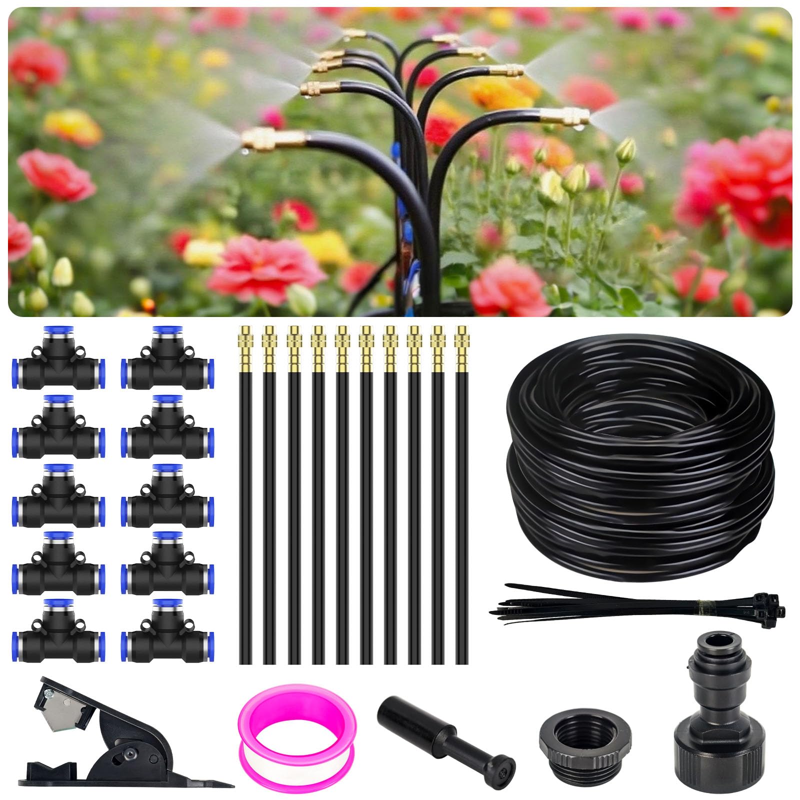 360° Adjustable Irrigation System Kit - Garden Watering System 10M/33FT with 10 Nozzles, Drip Irrigation Kit for Garden, Yard, Lawn, Greenhouse, Plants, 5/16 inch Hose