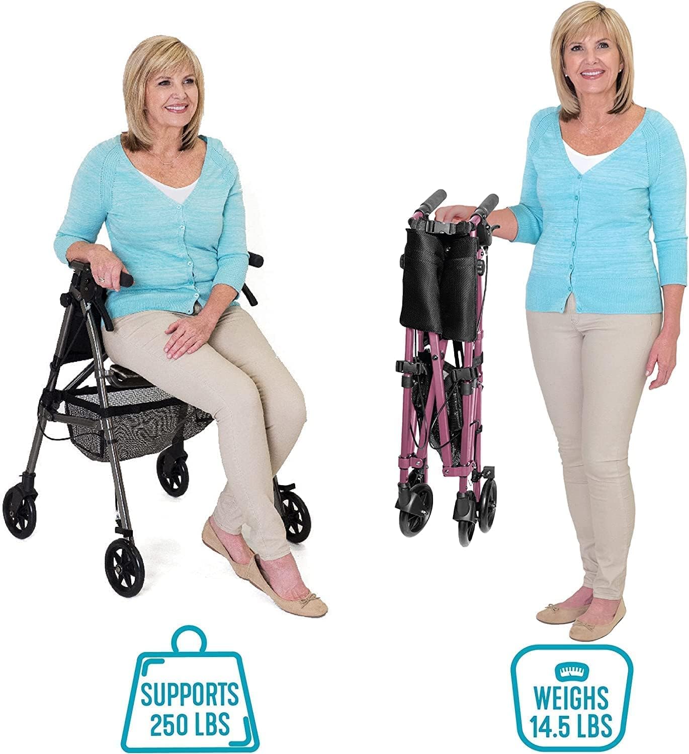 Stander EZ Fold-N-Go Rollator, Lightweight Folding Mobility Rolling Walker for Seniors and Adults, 6-inch Wheels, Locking Brakes, and Padded Seat with Backrest, Black Walnut