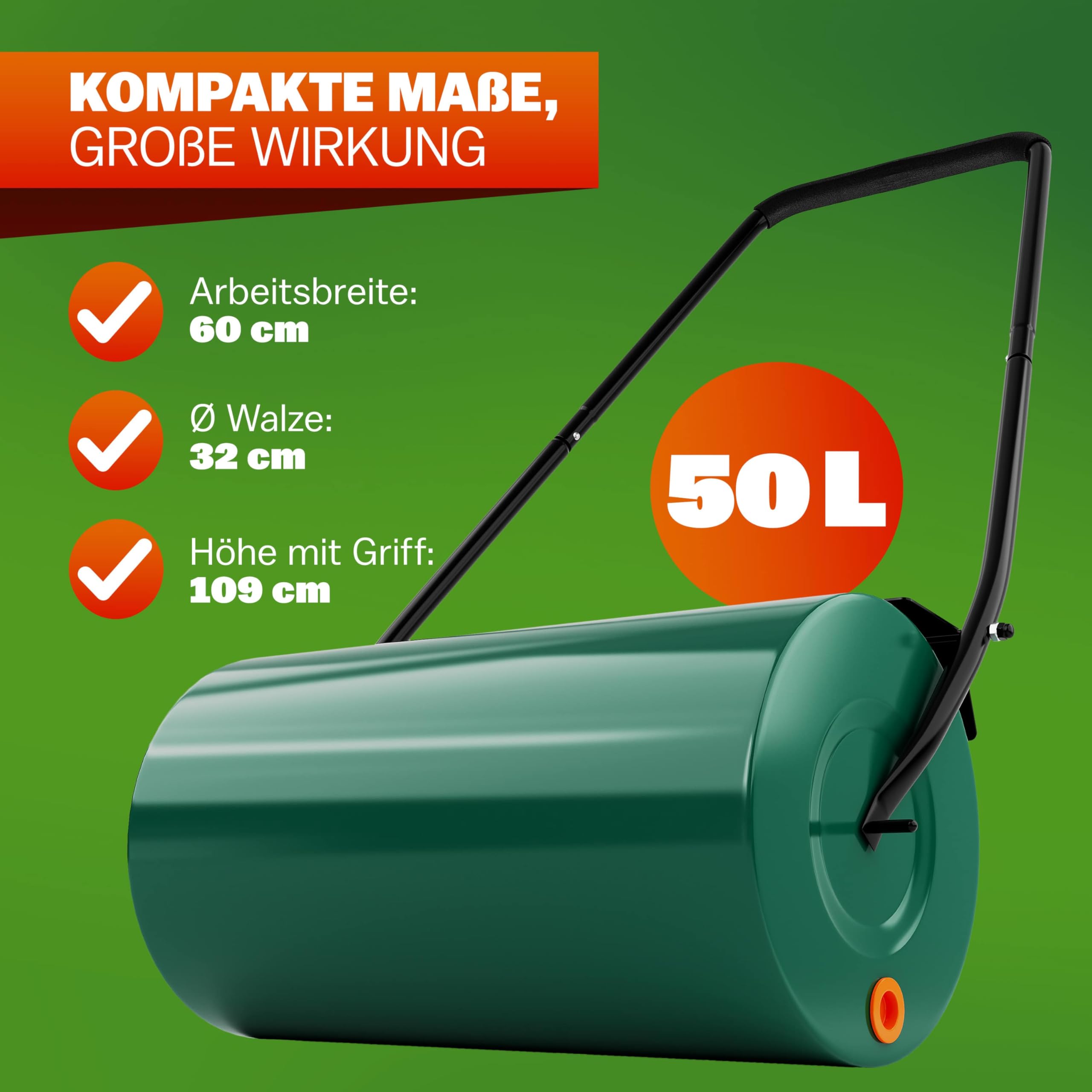 Gardebruk® Rasenwalze 60cm 50L gepolsterter Griff Schmutzabweiser befüllbar Handwalze Rasenroller Gartenwalze Ackerwalze