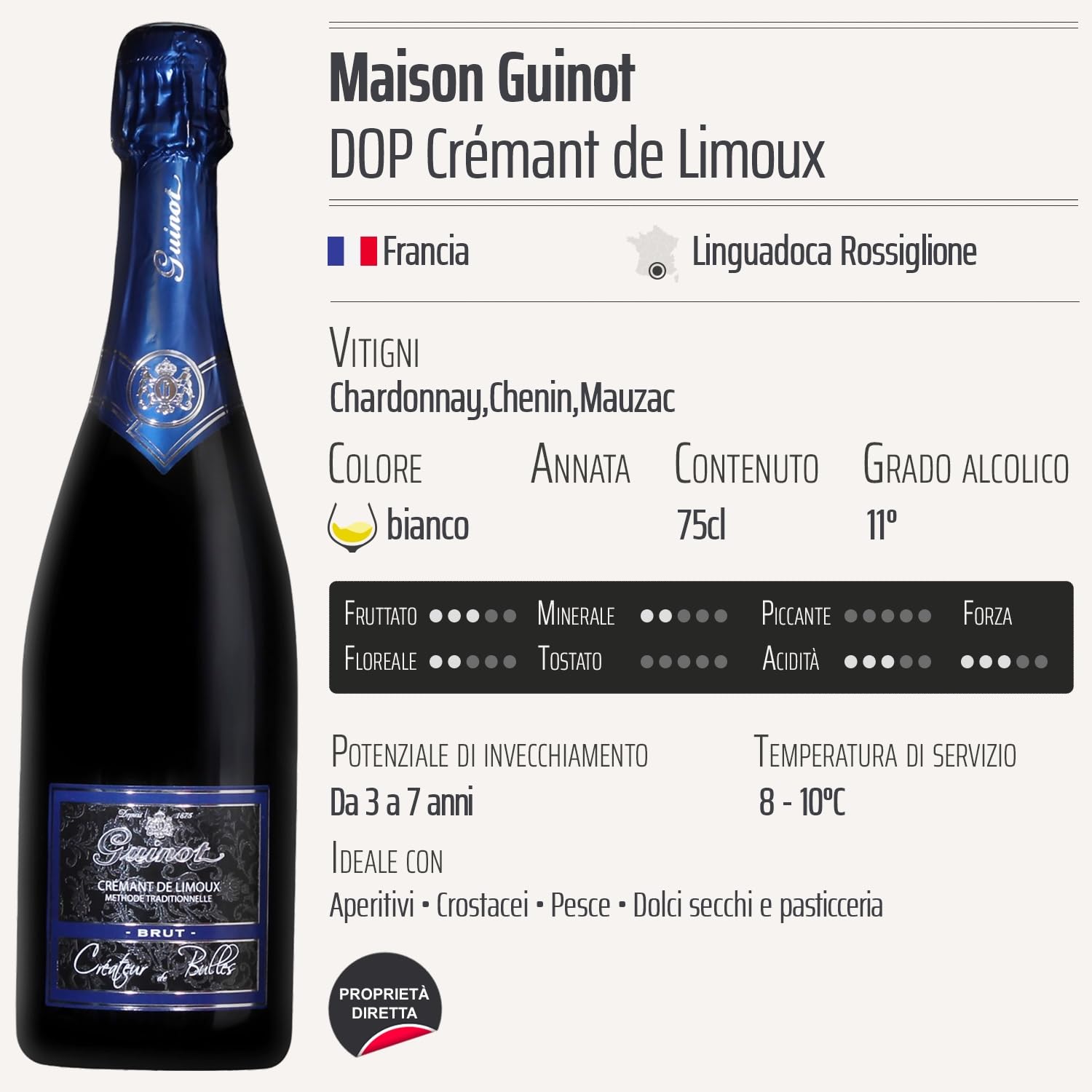 Crémant de Limoux Crémant Guinot Brut bianco - Maison Guinot - DOP - Linguadoca Rossiglione - Francia - Vitigni Chardonnay,Chenin,Mauzac - 6x75cl