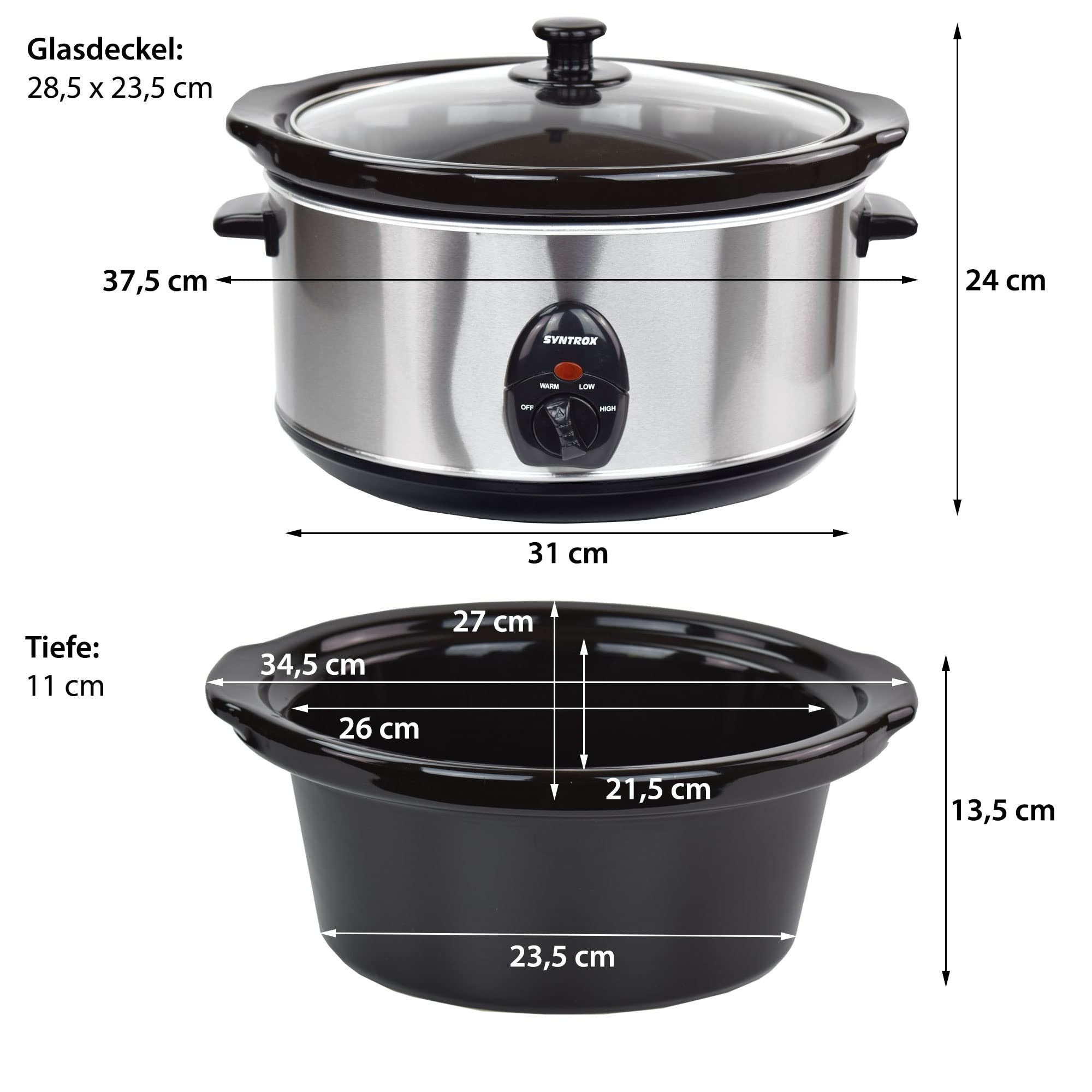 Syntrox Germany Slow Chef SC-450M_Deli Cooker Schongarer 4,5 Liter mit Warmhaltefunktion, Glasdeckel und robuster Keramikschüssel 280 Watt, Edelstahl