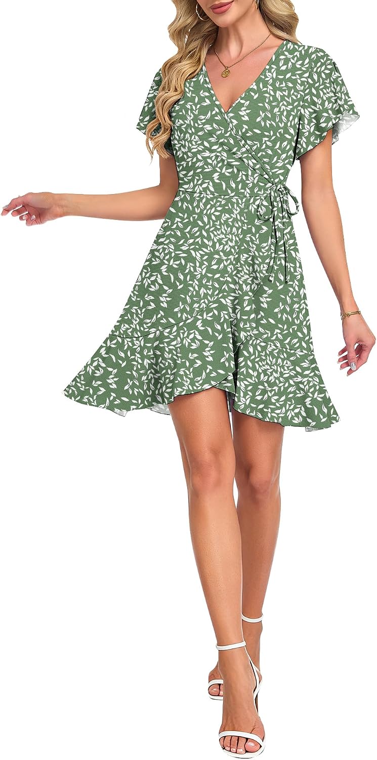 AUSELILY Summer Dresses Mini Wrap Dress Short Sleeve Sundress for Women