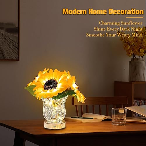 Miniatura 9 de Lámpara de Escritorio de Flores, Lámpara de Mesa de Girasol USB Recargable con Toque, Atenuación Sin Escalas, Lámpara de Noche con Plantas