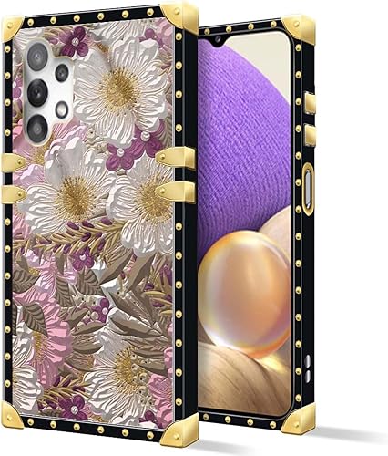 Miniatura 6 de Compatible con Samsung Galaxy A32 5G Pintura al óleo Flores Artísticas Funda de Teléfono Cuadrado Dorado Suave TPU A Prueba de Golpes y Caídas