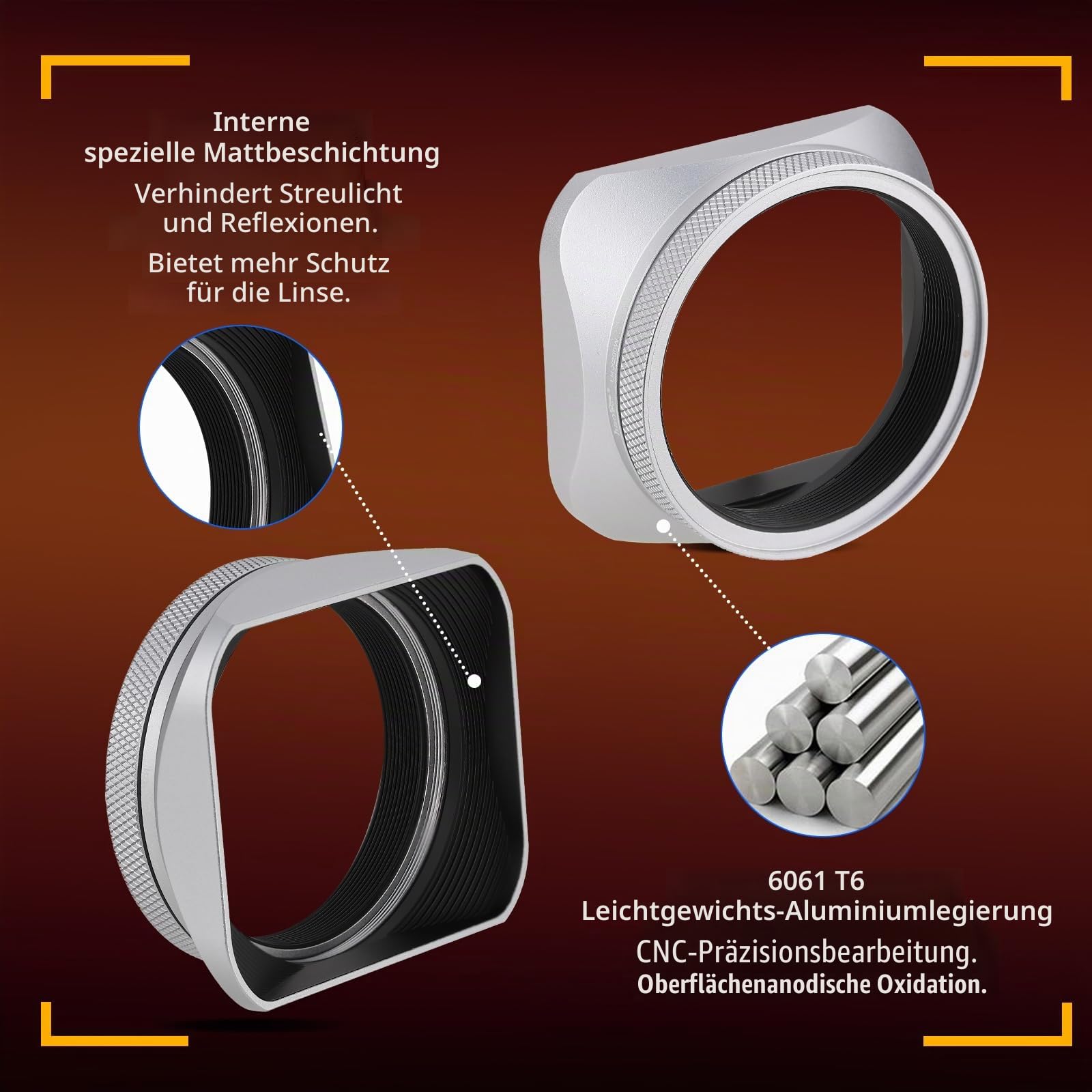 Haoge LH-X200S Gegenlichtblende aus Metall, quadratisch, mit 49 mm Adapterring, Metallkappe für Fujifilm X100VI Fuji X100V X100F X100T X100S X70 Kamerazubehör, Silber
