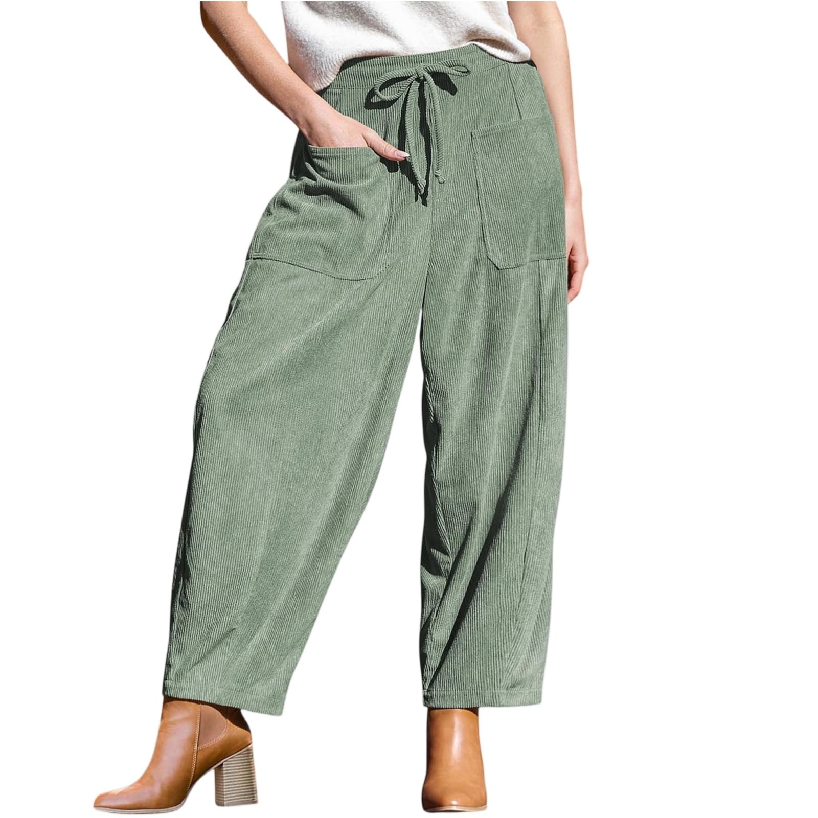 Corduroy Womens Pants Casual Drawstring Elastic High Waist Straight Leg Pants Loose Comfy Trousers with Pockets