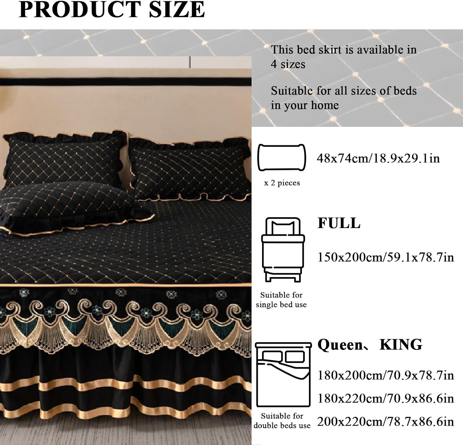 Bed Skirt Ruffled 17 in Drop Ruffle Breathable Soft Comfortable Bedskirt with Non Slip Band Bedskirts with 2 Pillowcases for Full Queen King Bed