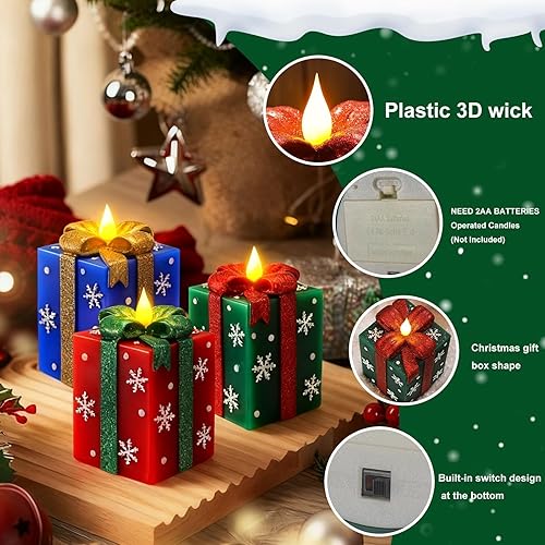 Miniatura 3 de Velas navideñas sin llama, funcionan con pilas, color a mano, con forma de caja de regalo pintada a mano, velas LED eléctricas parpadeantes con
