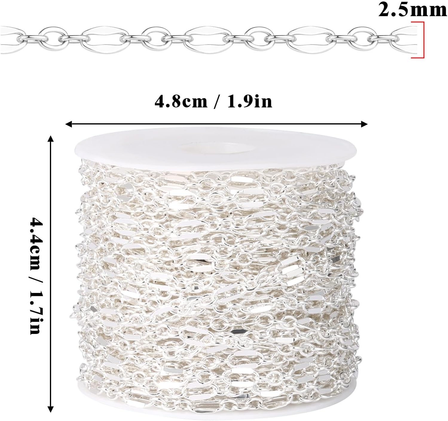 33FT Silver Long and Short Link Chain 2.5mm Brass Chain for Jewelry Making | Silver Plated Lip Link Chains Roll Bulk for Necklace Bracelet Crafts