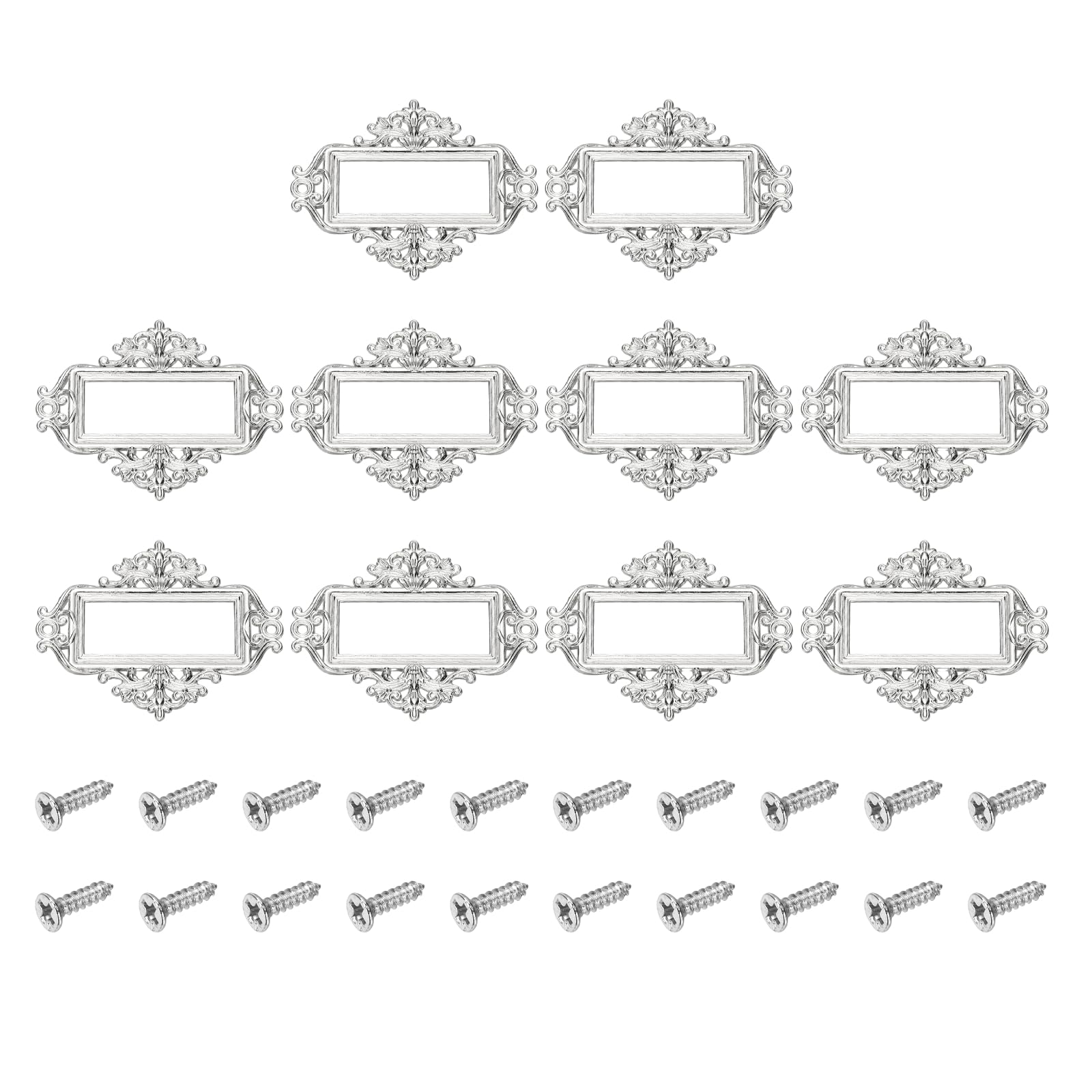 sourcing map 10 Pcs Metal Label Holder, 5.5x4.3cm Small Vintage Card Frame Tag Floral Lace Label Holder with Screws for File Boxes Drawers Door Cabinet Book Shelves, White Nickel