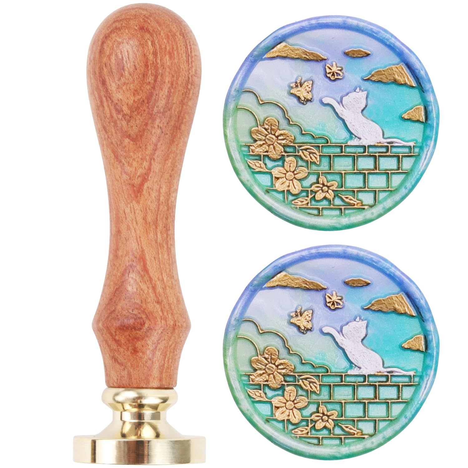 LONBEIIFY Cat Flower Wax Seal Stamp, 25mm Removable Brass Stamp Head with Wood Handle, Great for Wedding Invitations, Envelopes, Wine Packages, Gift Wrapping