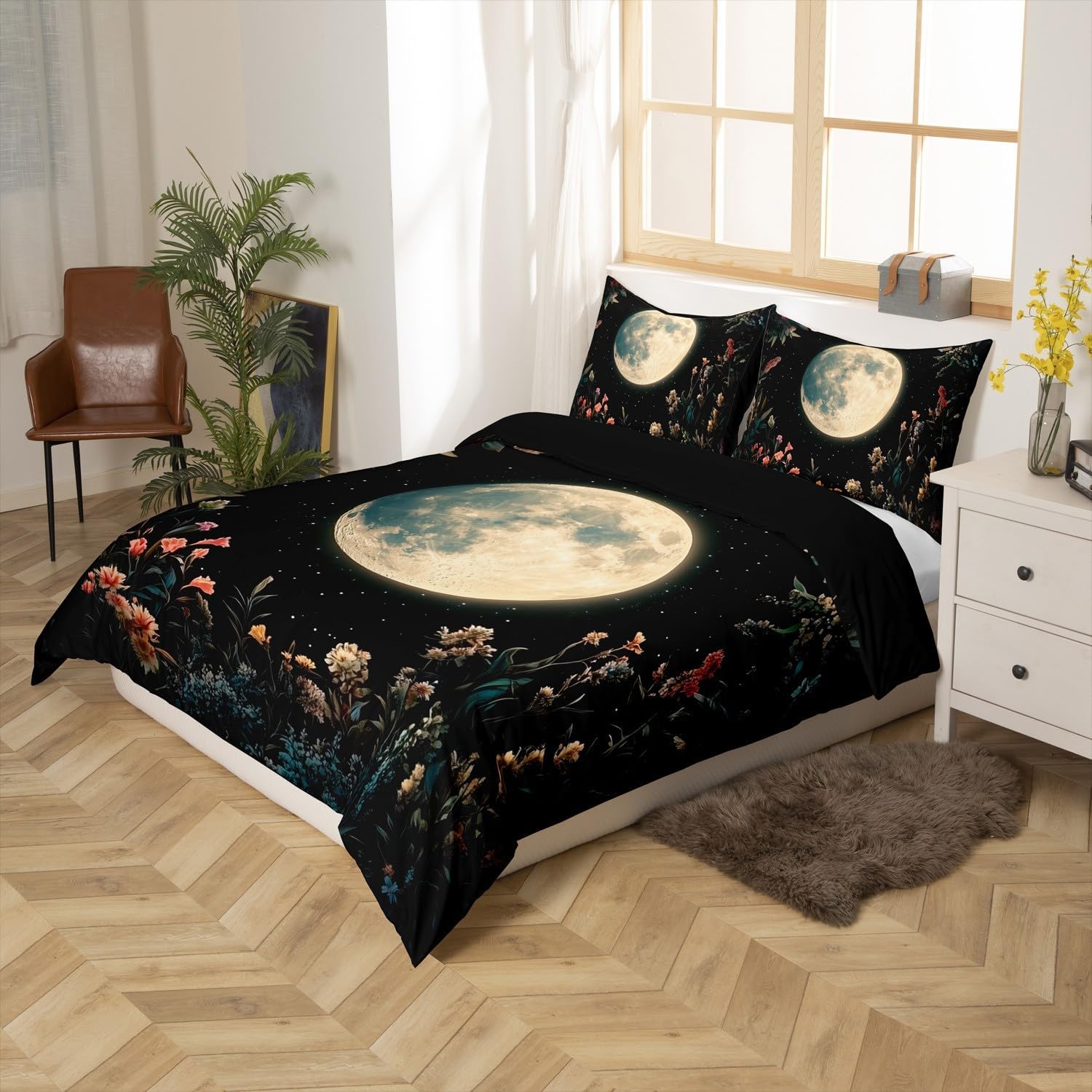 Erosebridal Boho Moon Duvet Cover Bohemian Starry Glitter Twin Bedding Set,Extoic Flowers Printed Comforter Cover for Girls Teens Adults Botancial Plant Floral Bed Cover with 1 Pillow Case