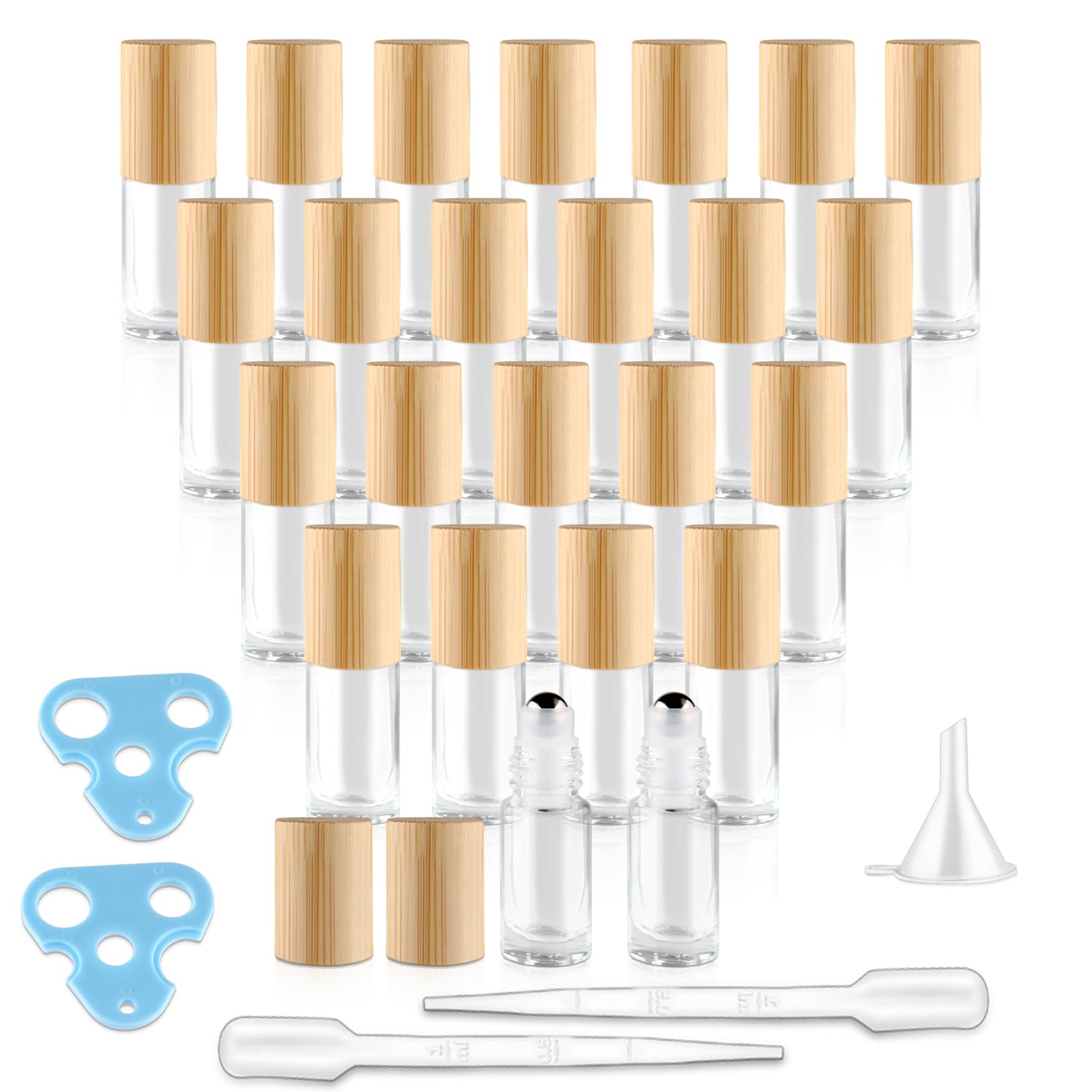 BOSMIOW 24 Pcs 5ml Clear Glass Essential Oil Rollerball Bottle with Wood Lid,Empty Deodorant Sample Vials,Leakproof Mini Perfume Containers with