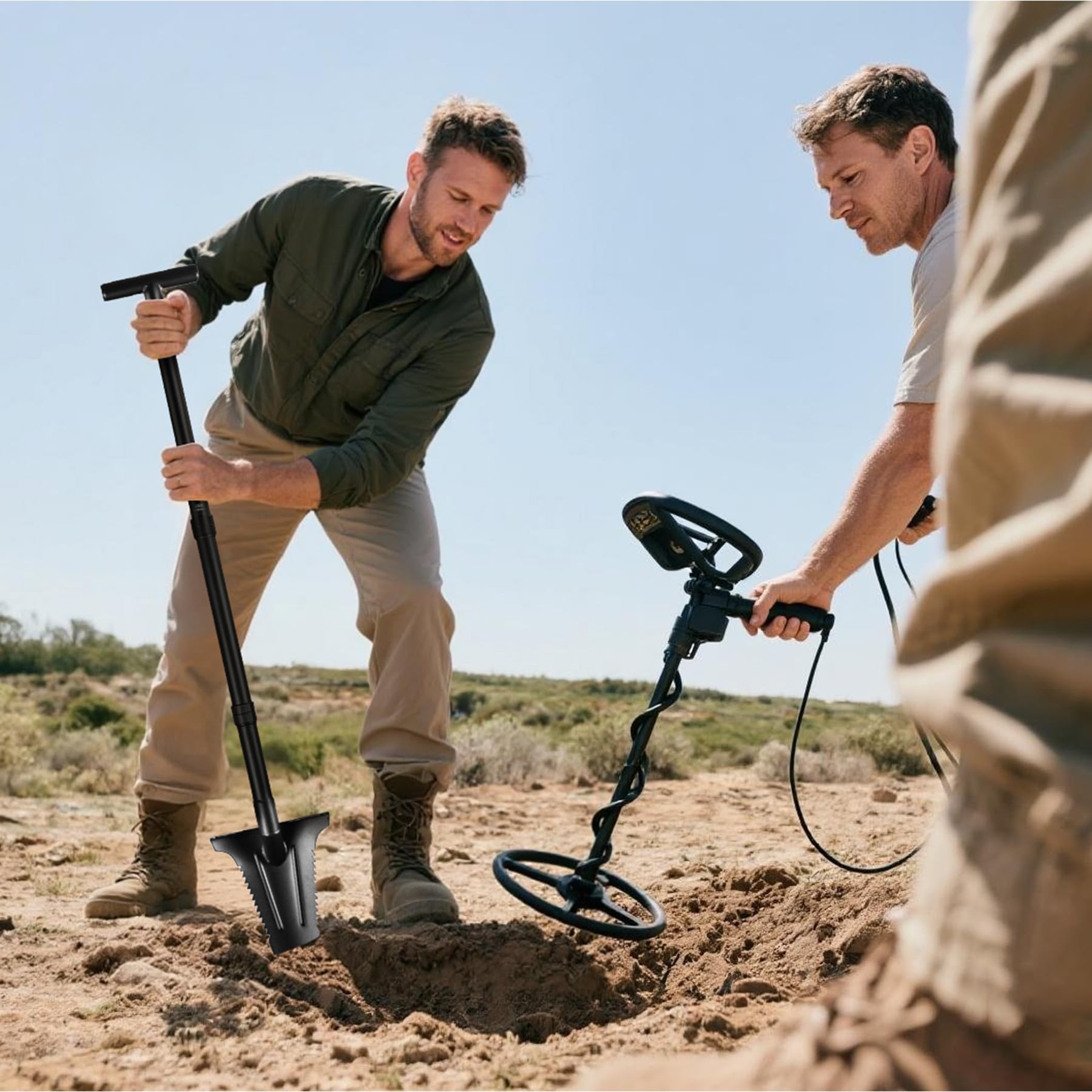 Pala con sierra de raíz | Ajustable 80 y 116 cm con mango ergonómico y borde ancho | versátil pala de raíz para jardín, camping, exterior, zanja