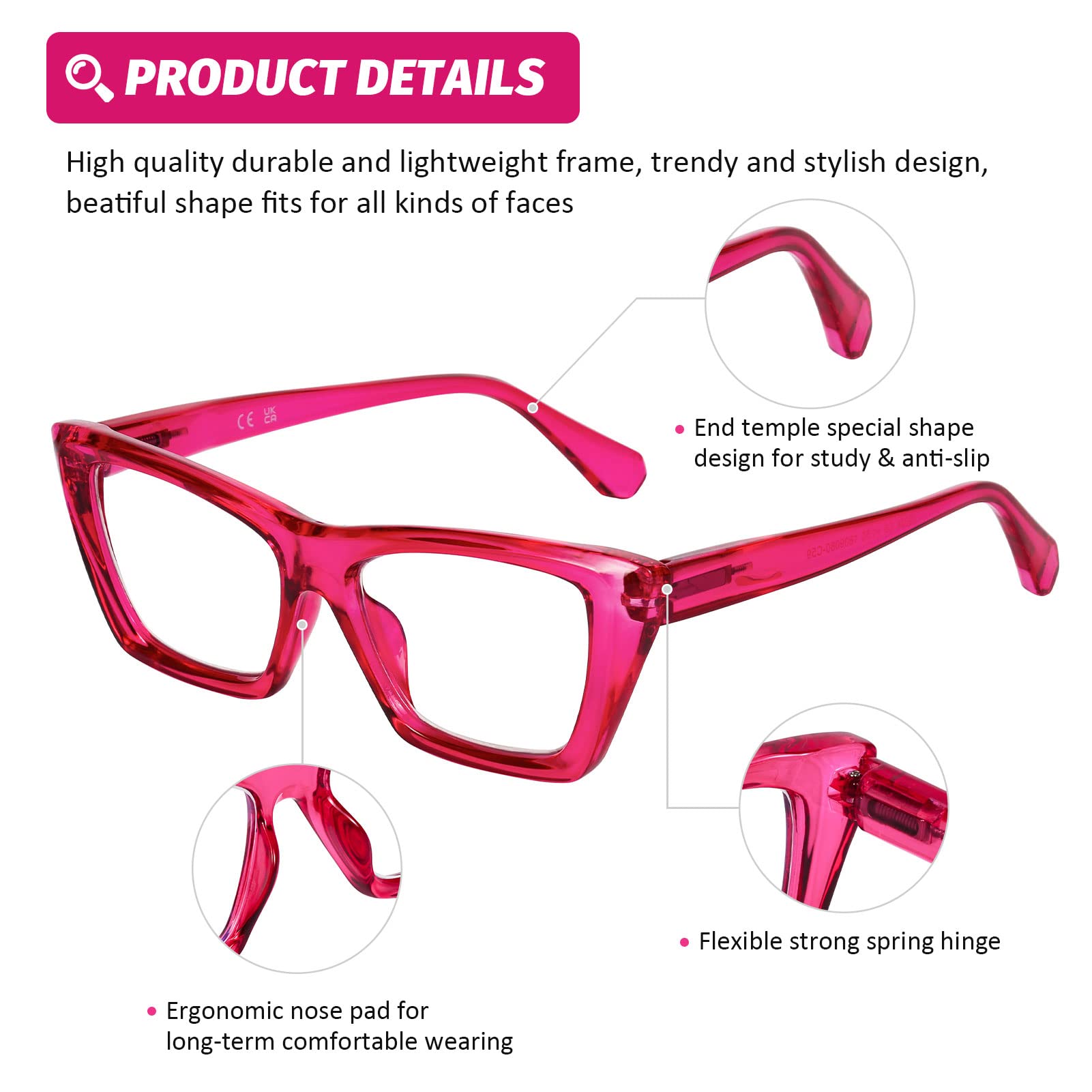 DOOViC Blue Light Filter Reading Glasses 1.75 for Women Cats Eye Style Rose Red Frame, 024 Rose Red - Image 3