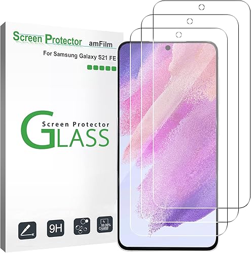 amFilm Paquete de 3 protectores de pantalla de vidrio templado compatibles con Samsung Galaxy S21 FE (edición de ventilador 5G 2021), con kit de