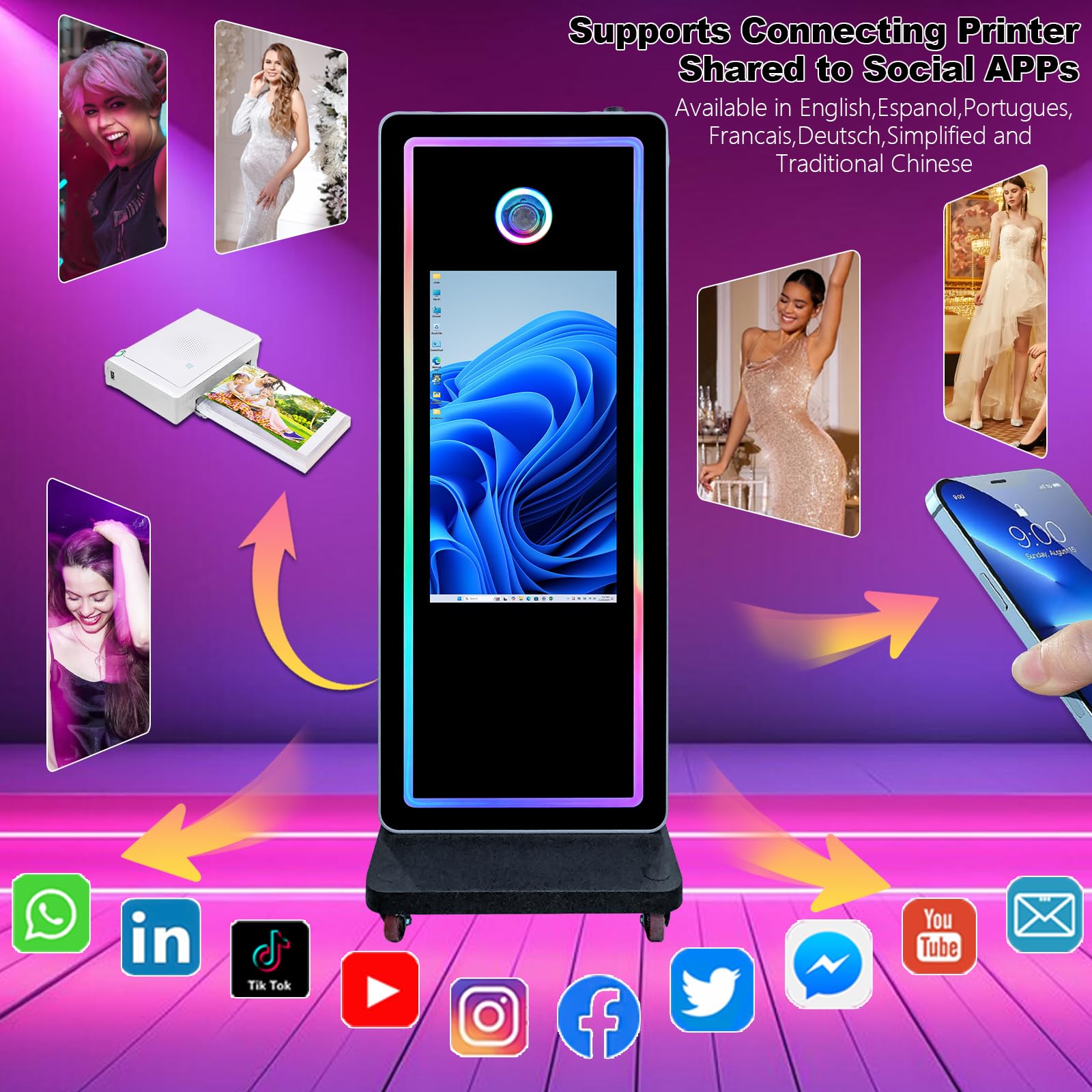 Magic Mirror Photo Booth Machine 32-calowy ekran dotykowy fotobudka z miękkim światłem parasolem i światłem RGB, odpowiednia do aktywności wewnątrz i na zewnątrz (maszyna + kamera)