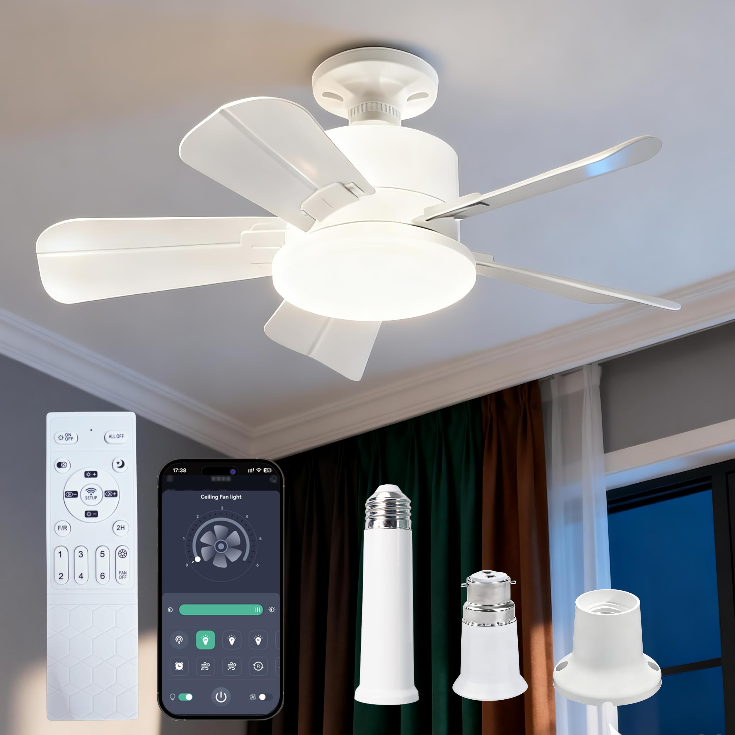 Smart Ceiling Fan with Lights and Remote & APP, E27/B22 Socket Light Bulb Fan 2000LM, 3CCT Dimmable 6-Speed Reversible, Quiet LED Fan Light Ceiling for Bedroom Kitchen Garage, 2 Extension Rods & Base