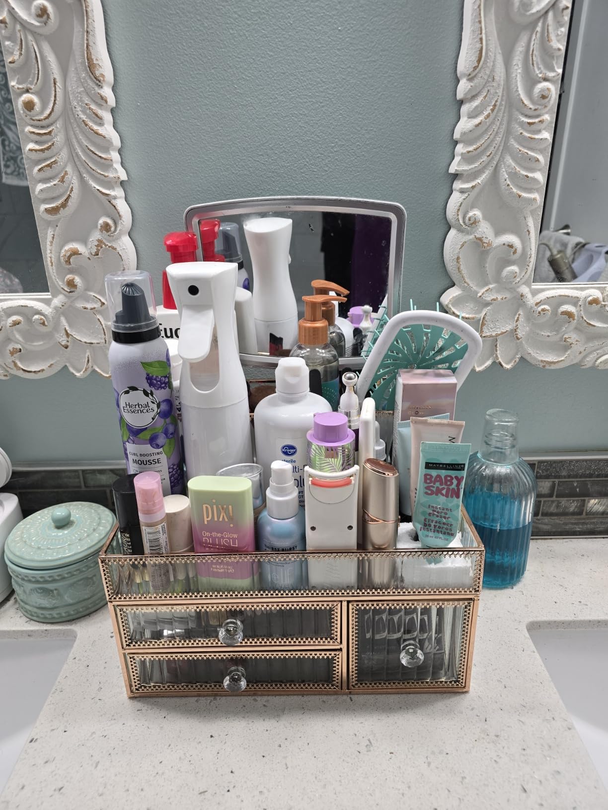 Youdepot Makeup Organizer Countertop - Tempered Glass Vanity Organizer for Cosmetics, Skincare, Hair Tools, Brushes, Perfume - Multipurpose Bathroom Counter Skincare Organizer