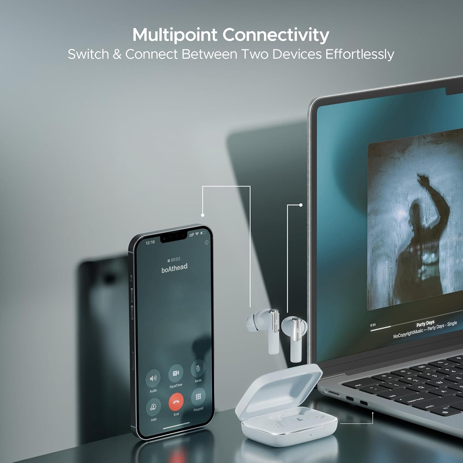 boAt Nirvana Ivy earbuds connected to both a smartphone and a laptop, demonstrating multipoint connectivity.