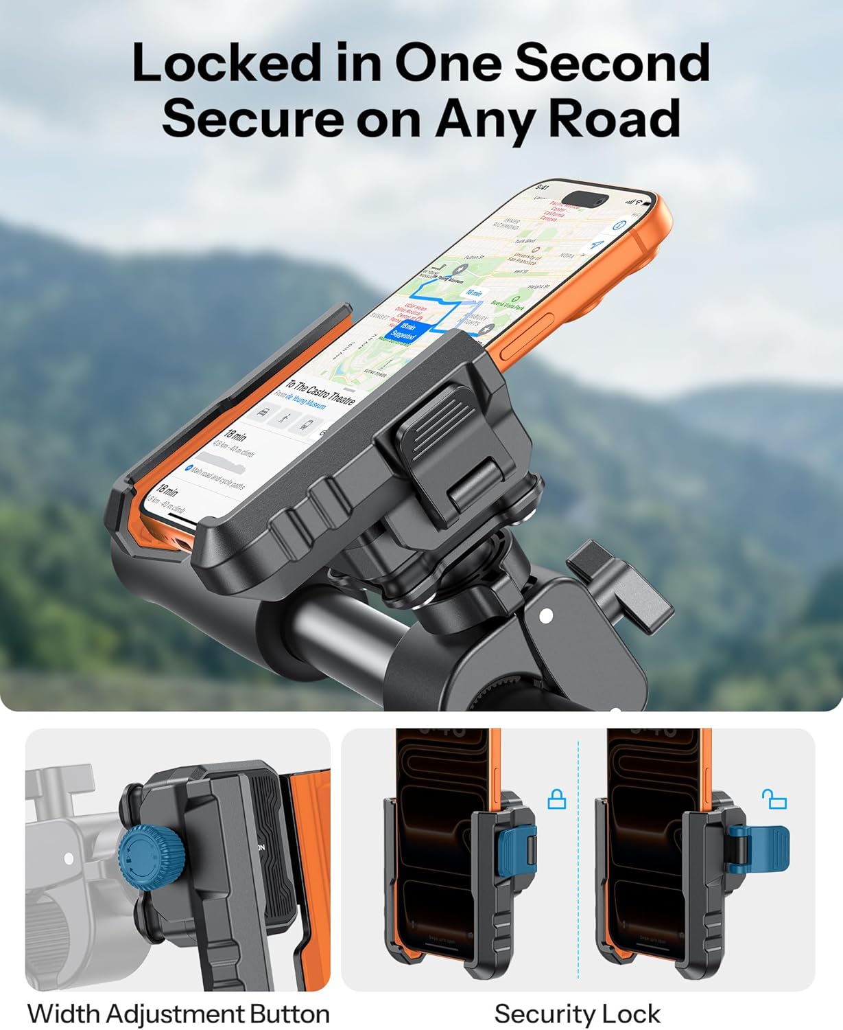 OMOTON BK01 Anti-Vibration Bike Phone Holder for Rearview Mirror & Handlebar, Shockproof Motorcycle Phone Mount with Quick Lock, Fit iPhone & All Android Phone for Electric Scooter/E-Bike