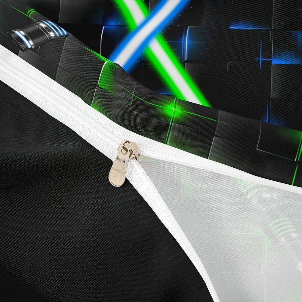 Castle Fairy Blue Green Lightsaber Duvet Cover Full Size for Kids Boys,Geometric Grid Comforter Cover 3Pcs,Teens Modern Square Plaid Bedding Set Fashion Black Checkered Quilt Cover,No Comforter