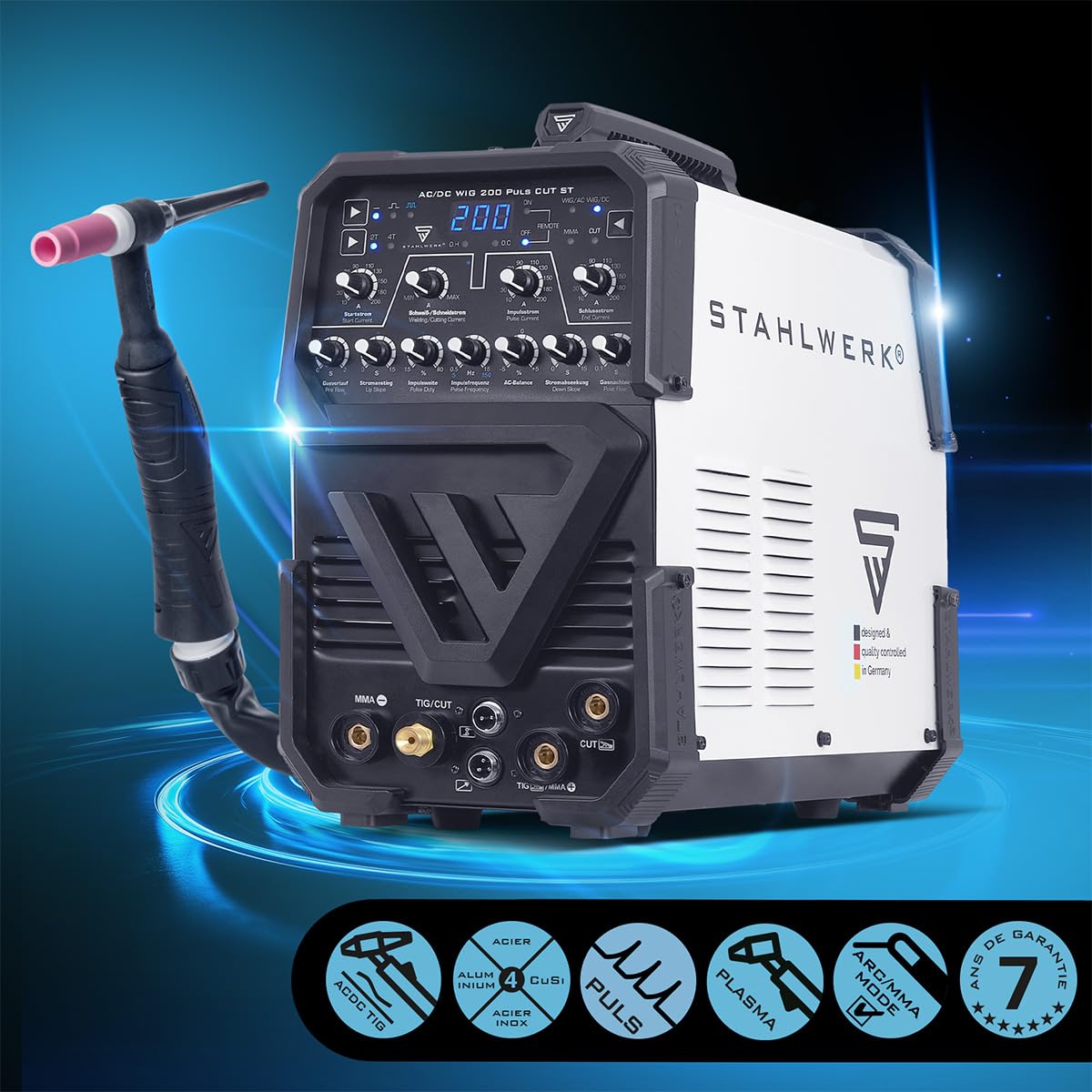 STAHLWERK Poste à souder combiné 3-en-1 AC/DC TIG 200 Puls CUT ST – TIG & MMA (ARC) jusqu'à 200 A, Découpe plasma jusqu’à 45 A et épaisseur de coupe jusqu’à 12 mm, acier inoxydable, cuivre, alu titane