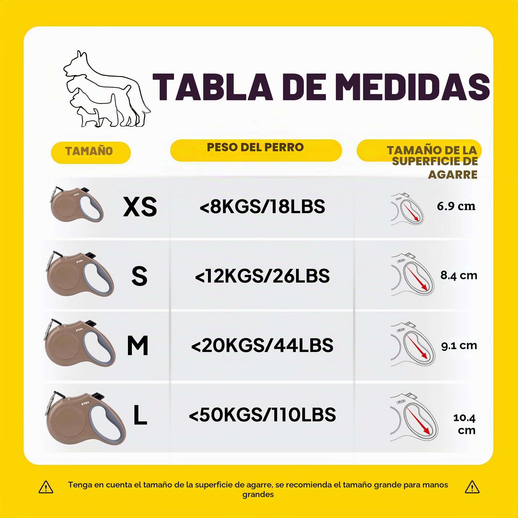 Fida Correa retráctil para Perro, Correa Resistente de 3 m para pasear Mascotas para Perros o Gatos pequeños de hasta 8 kg, sin enredos, Freno con una Sola Mano (XS, café)