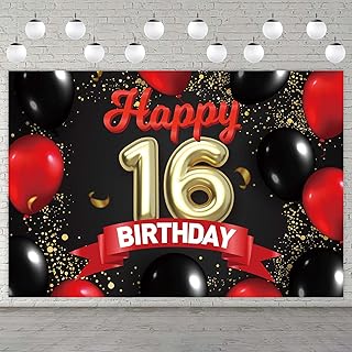 Happy 16th Birthday Banner Gold Golden Backdrop Red and Black Balloons Theme Decor for Girls Women Princess 16 Years Old Birthday Party Bday Photo Booth Props Background Favors Decorations Glitter