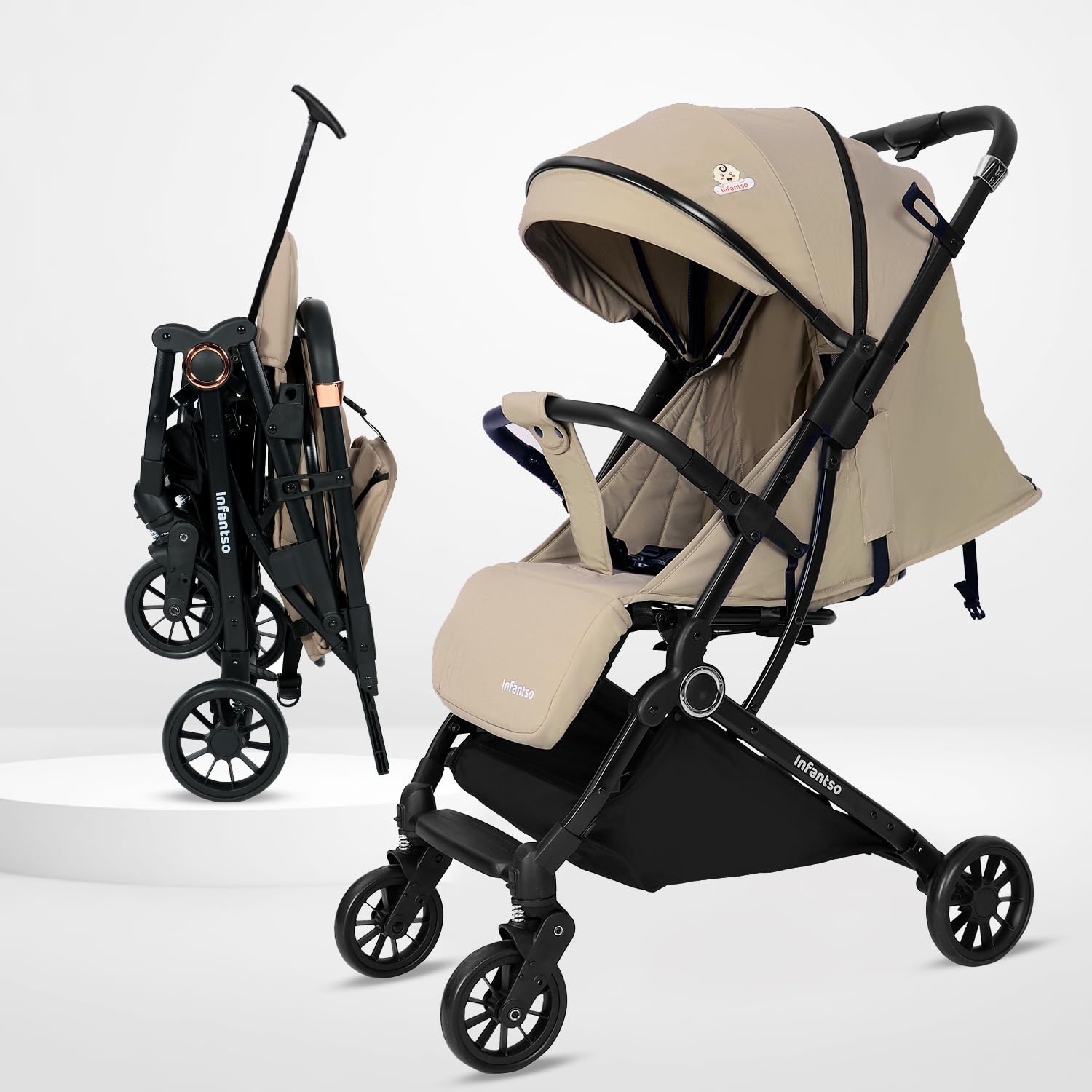 Infantso RIDE-X Baby Stroller / Pram for Baby with 5 Point Safety Harness, Multi Level seat Recline & Spacious Cushioned seat, One-Hand Fold and 360° Rotating Wheels, Travel Friendly, Extendable Canopy, Adjustable Footrest, Shock Absorption Wheels, Lightweight Stroller for 0 to 3 Years (Beige)-image-41