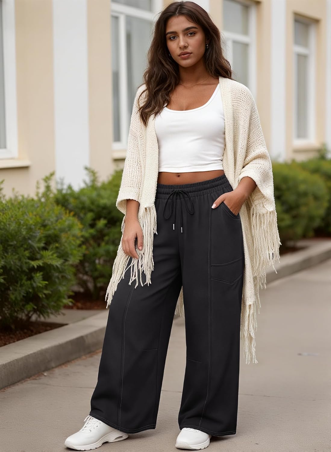 CARCOS Plus Size Pants for Womens Summer Sweatpants Drawstring Wide Leg Cotton Palazzo Pants with Pockets Lounge Pant XL-5XL - Image 2