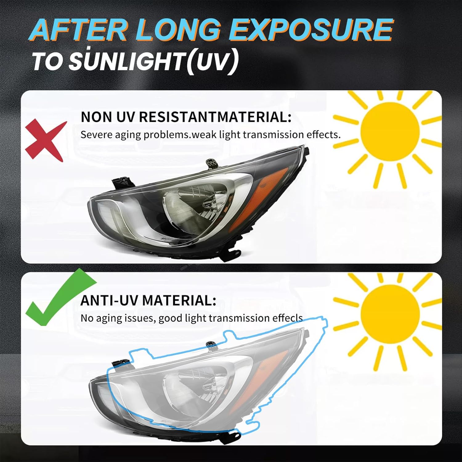 Headlight Assembly Fit for 2012 2013 2014 Hyundai Accent GLS GS SE Sedan,Halogen Headlamp Replacement Driver Passenger Side Chrome Housing Amber Reflector Clear Lens HY2502163 HY2503163