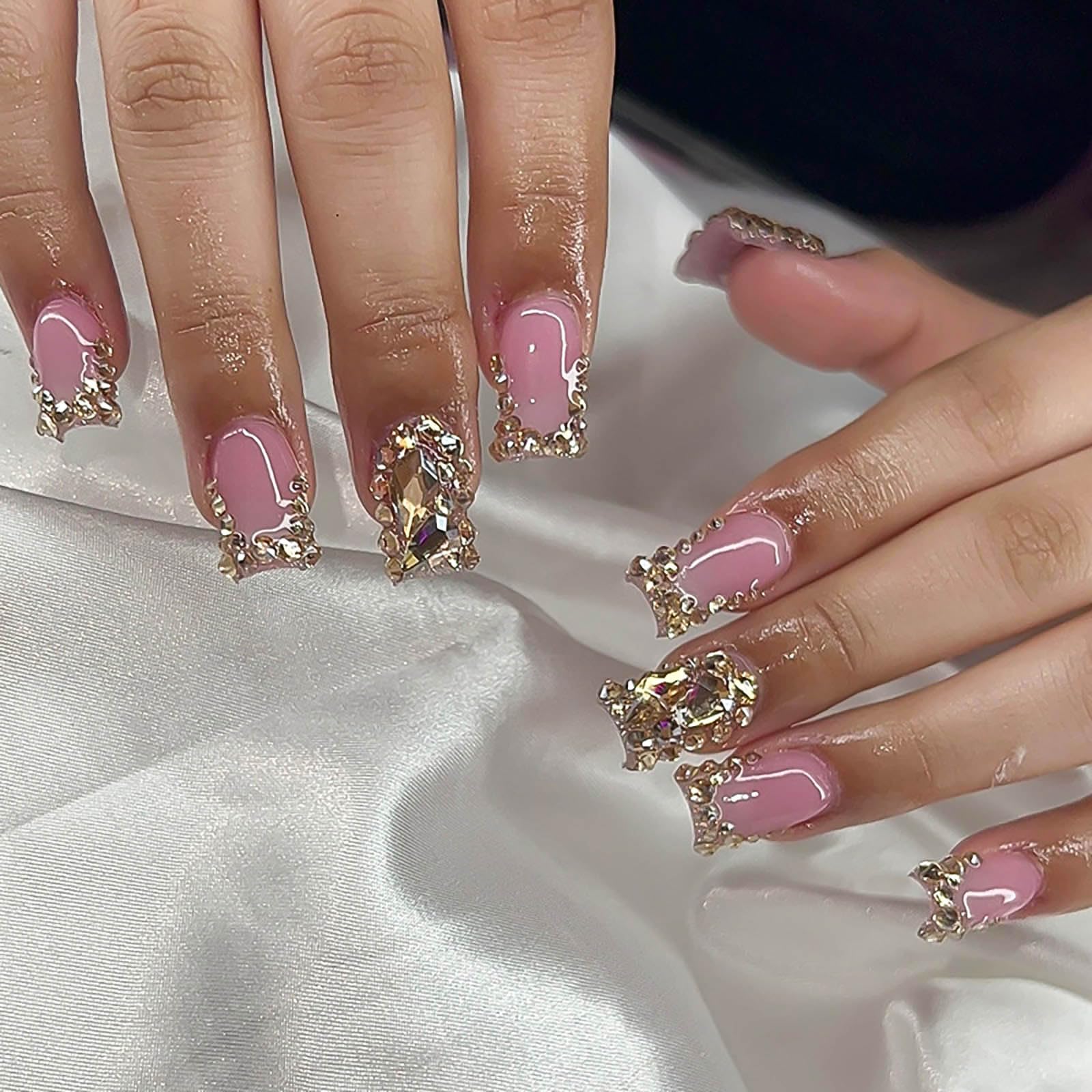 RUOKEXIN Medium Press on Nails Square Fake Nails Pink False Nails with Rhinestones Designs Gold Glitter Artificial Nails Acrylic Glue on Nails Press